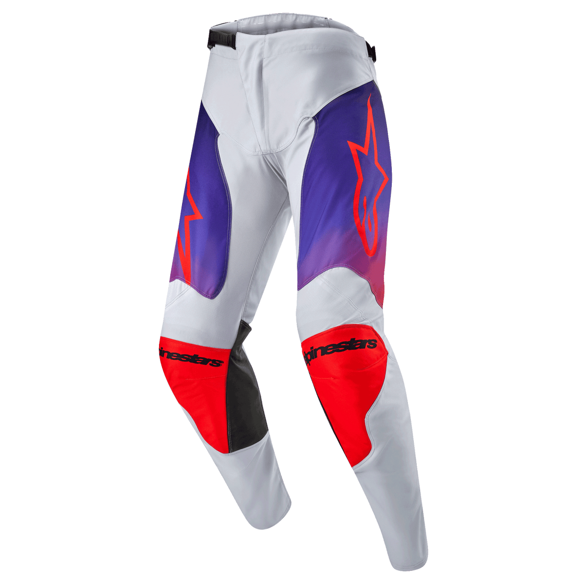 Alpinestars 2024 Racer Hoen Pants, pantalones de motocross para hombre, gris claro con detalles en naranja intenso, degradados en púrpura y acentos negros, diseño con logotipos en muslos y rodillas, material técnico resistente para conducción fuera de carretera