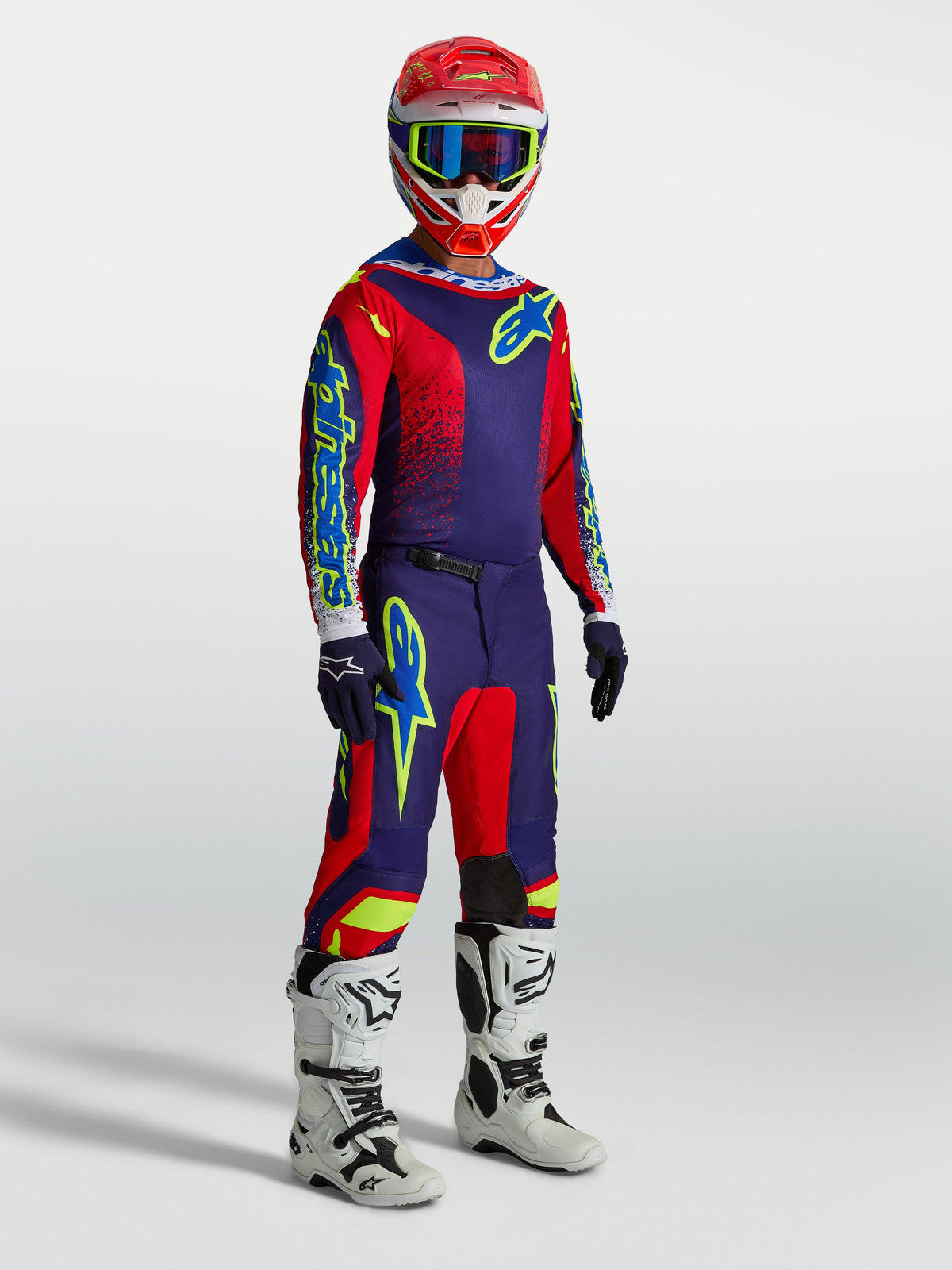 Alpinestars Fluid Drag Gear Set, conjunto de motocross para hombre, azul marino y rojo con botas blancas
