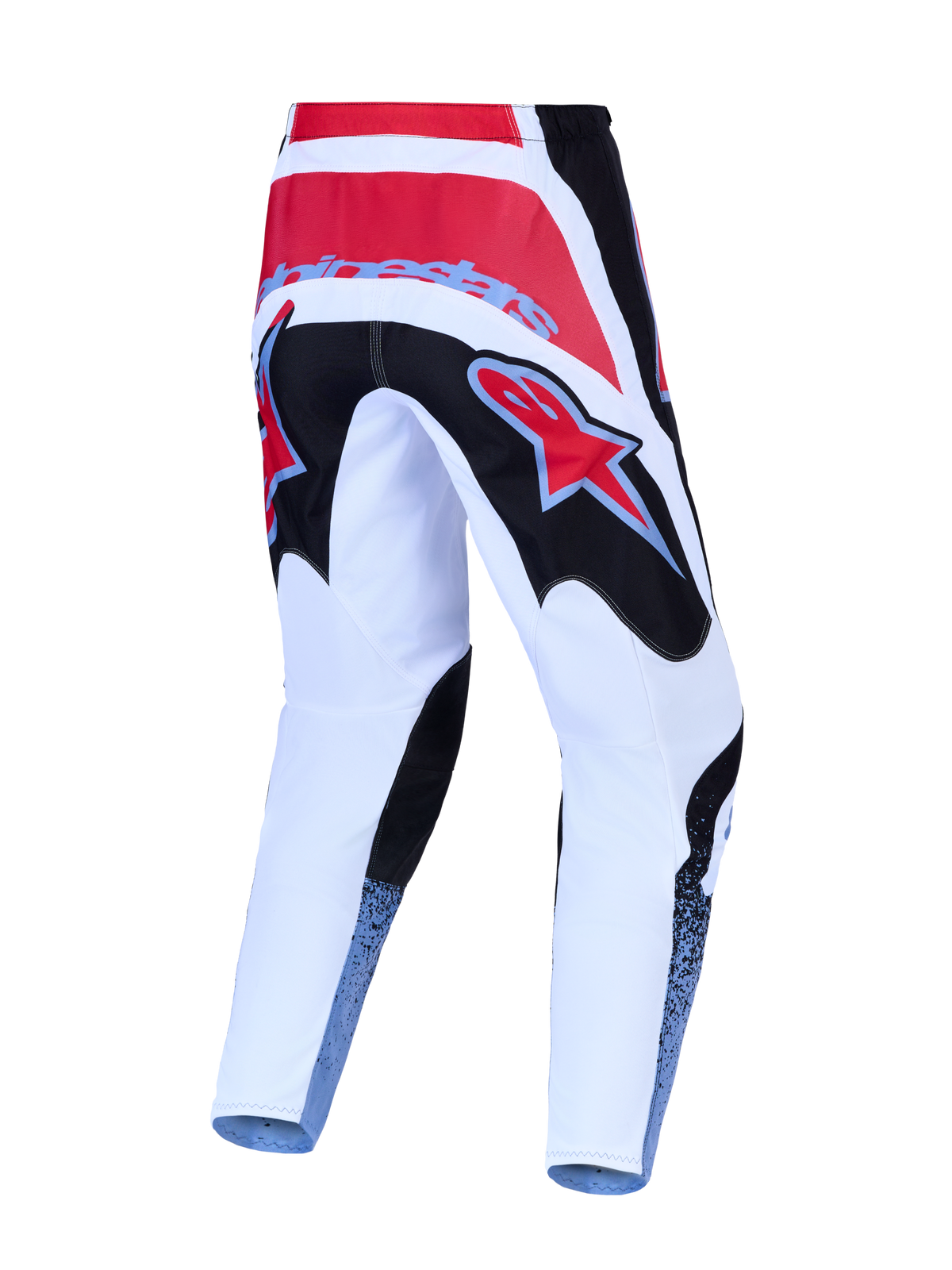 Alpinestars Fluid Drag, pantalones de motocross para off-road, rojos, blancos y negros, vista trasera, construcción duradera de tejido de poliéster 600D