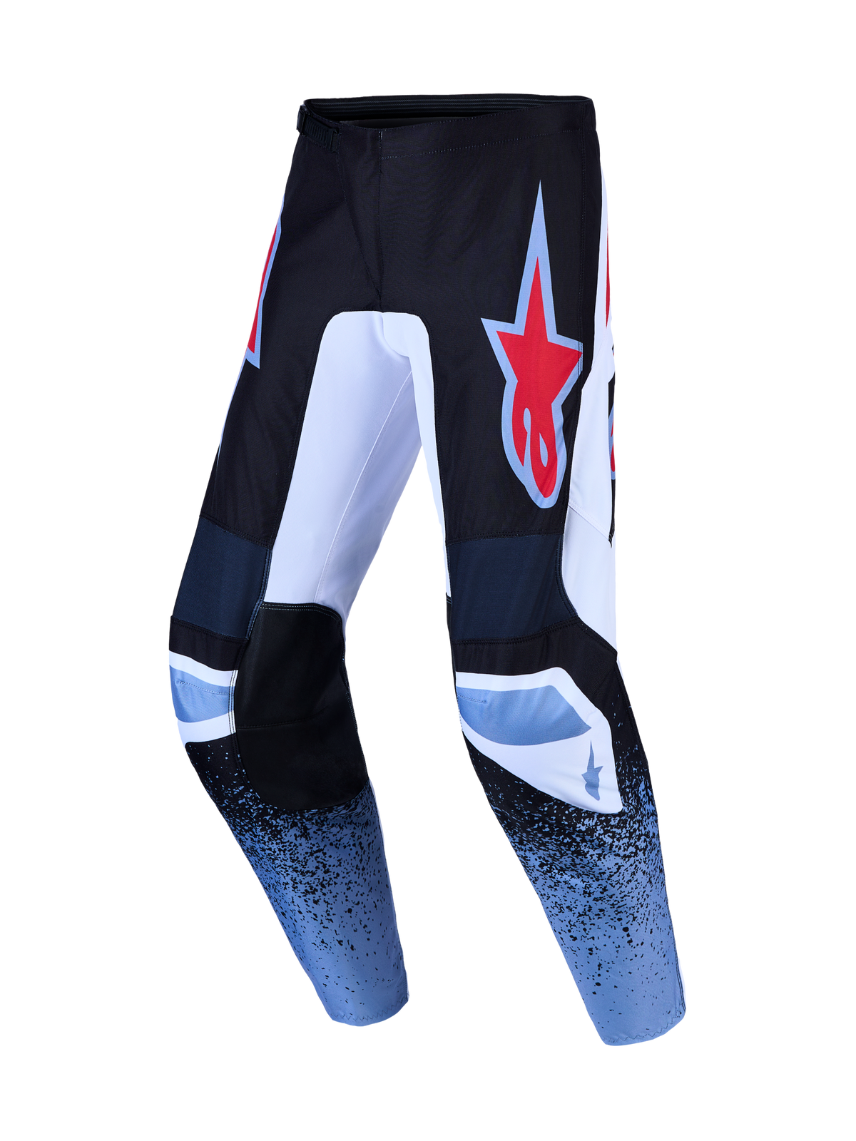 Alpinestars Fluid Drag, pantalones de motocross negros y azules, logo de estrella roja, tejido de polifibra 600D resistente.