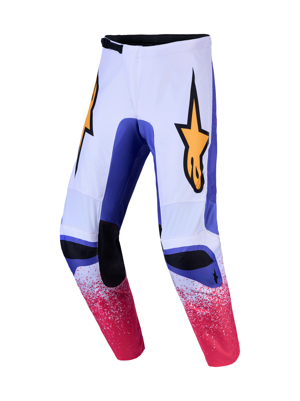 Alpinestars Fluid Drag, pantalones de motocross para hombre en lila claro y azul con logotipos dorados y diseño precurvado