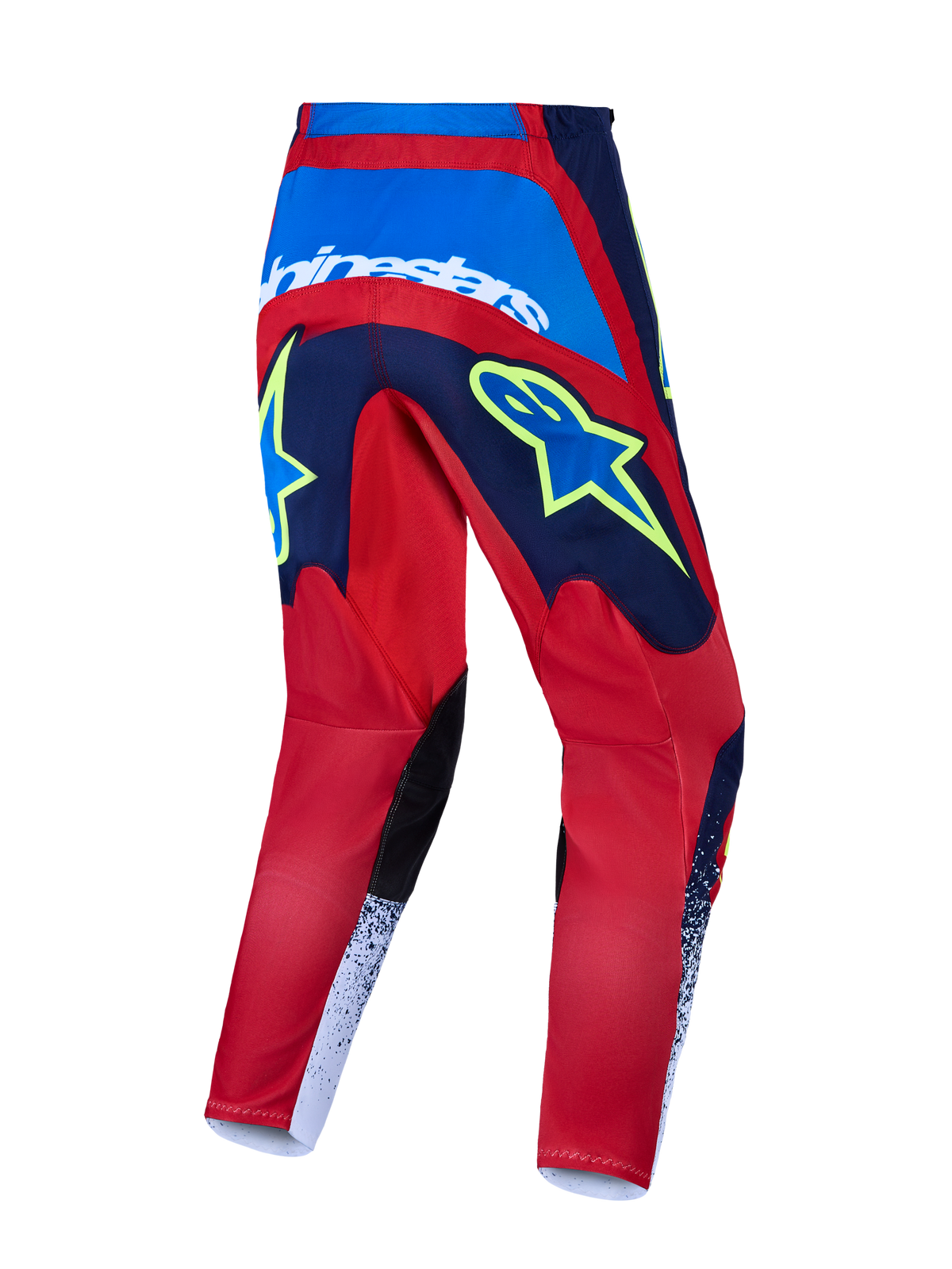 Alpinestars Fluid Drag, pantalones de motocross para off-road, rojos y azules con gráficos amarillos, diseño con asiento reforzado y logotipo de estrella