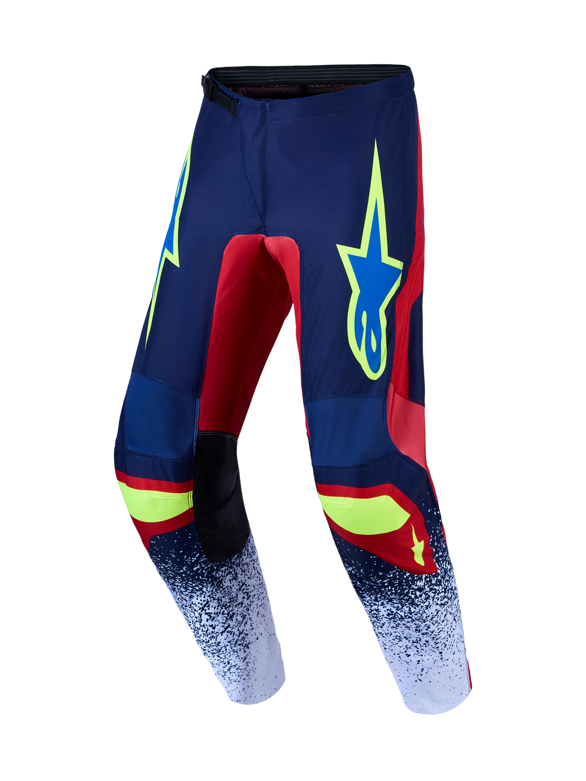 Alpinestars Fluid Drag, pantalones de motocross para off-road, azul marino y rojo con detalles en amarillo neón, construcción en tejido protector resistente