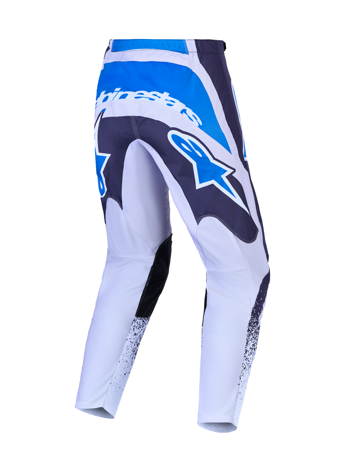Pantalones de motocross Alpinestars Fluid Drag, gris y azul, con asiento reforzado y gran logotipo de estrella trasero.
