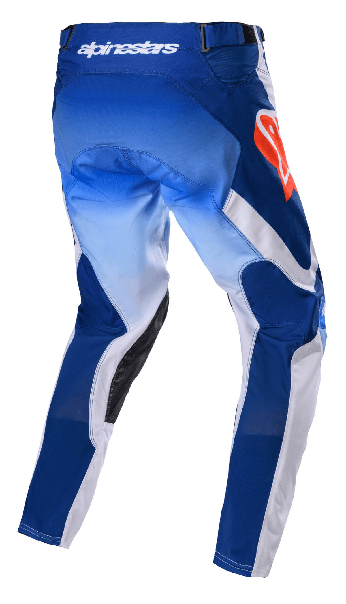 Alpinestars 2023 Racer Semi Pants, pantalones de motocross, azul y naranja intenso, vista trasera que muestra paneles en degradado azul y blanco, logotipo de Alpinestars en naranja vivo en la cadera, refuerzos de cuero negro en el interior de la pierna, diseño técnico para competición off-road