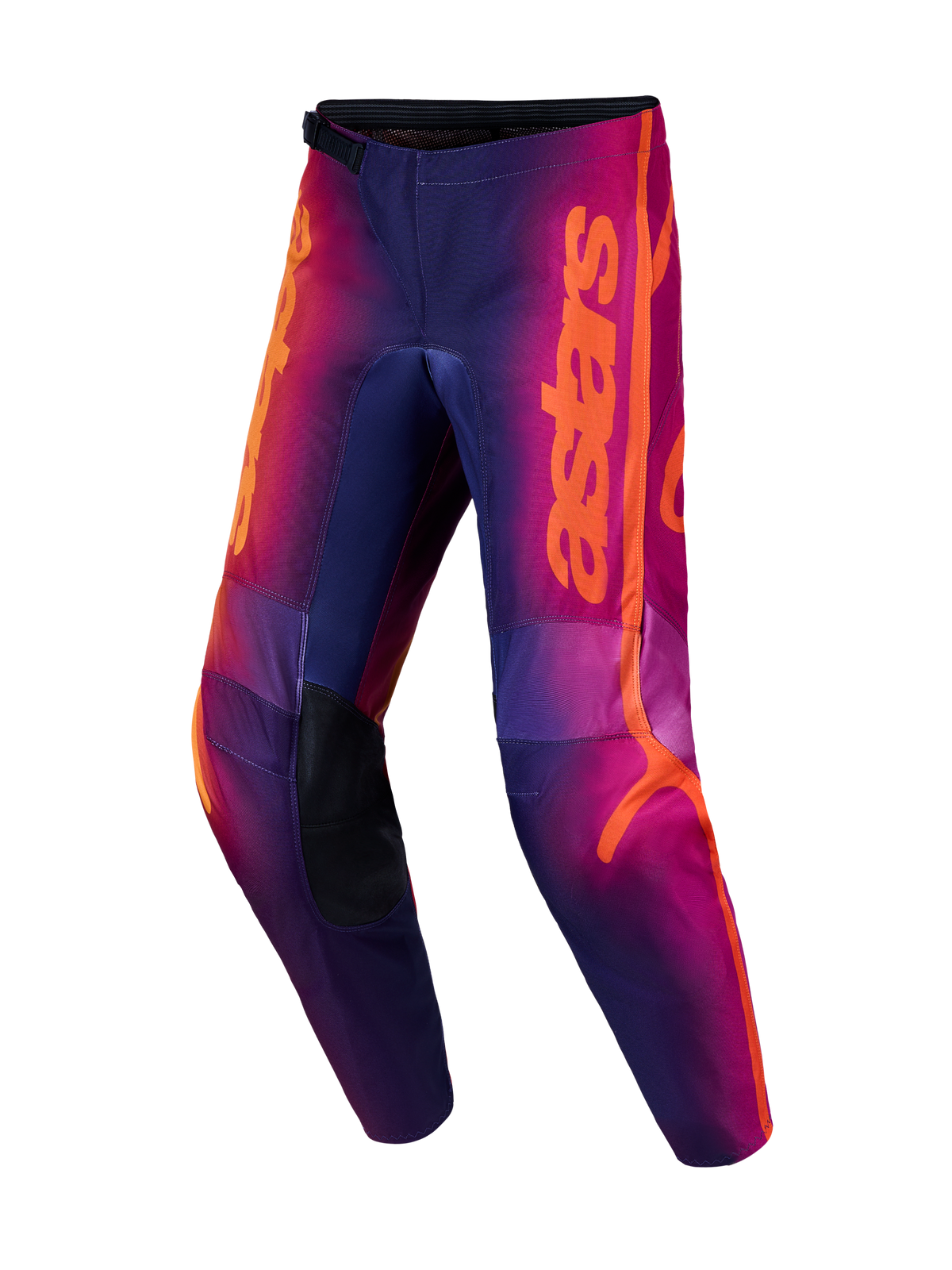 Alpinestars Fluid Kepler, pantalones de motocross morados y naranja con rodillas reforzadas y patrón 3D ergonómico.