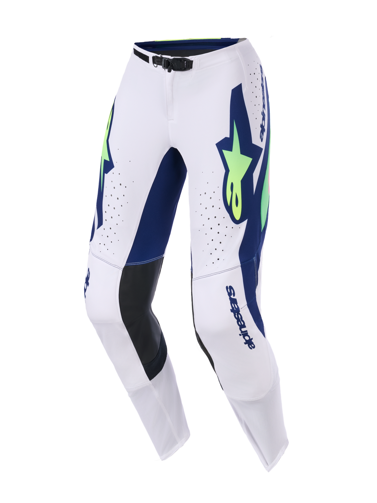 Alpinestars 2026 Supertech Vista Pants, pantalones de motocross, gris claro, amarillo flúor y azul, con gráficos azules intensos y logotipos de estrellas en amarillo neón, paneles internos de las rodillas en cuero negro, orificios de ventilación cortados por láser y un ajuste atlético aerodinámico para rendimiento off-road.
