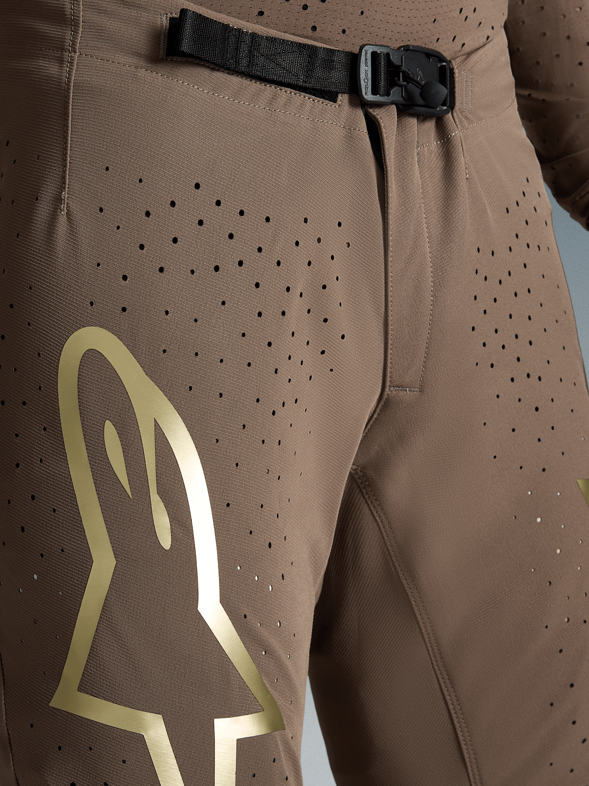 Alpinestars Supertech Air Gold Motocross Pants, Brown and Gold, ventilated stretch fabric with SX1 magnetic buckle.