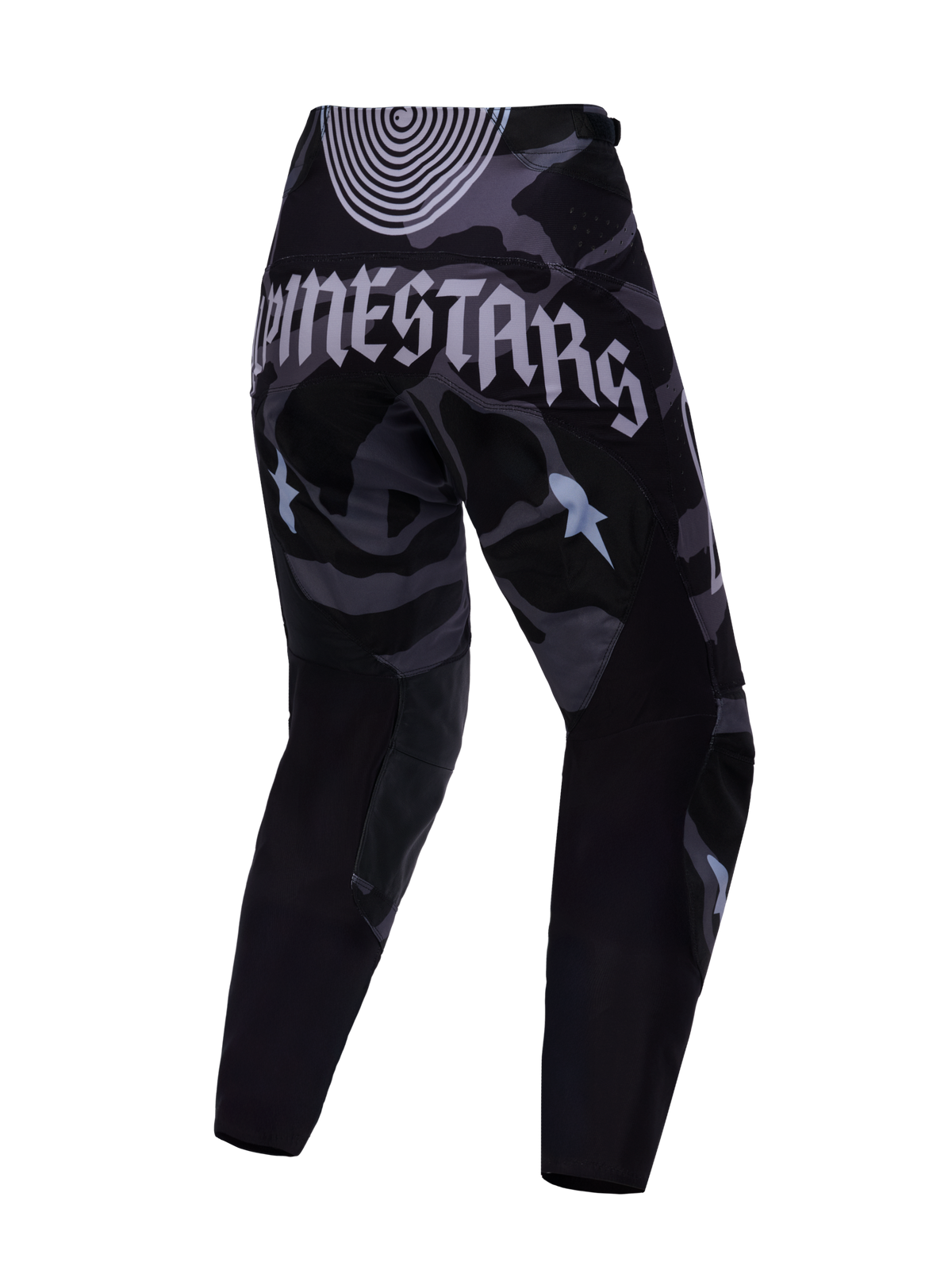 Pantalones Techstar Beast Coast, camuflaje negro y gris con logo Alpinestars trasero y diseño ergonómico para motocross.