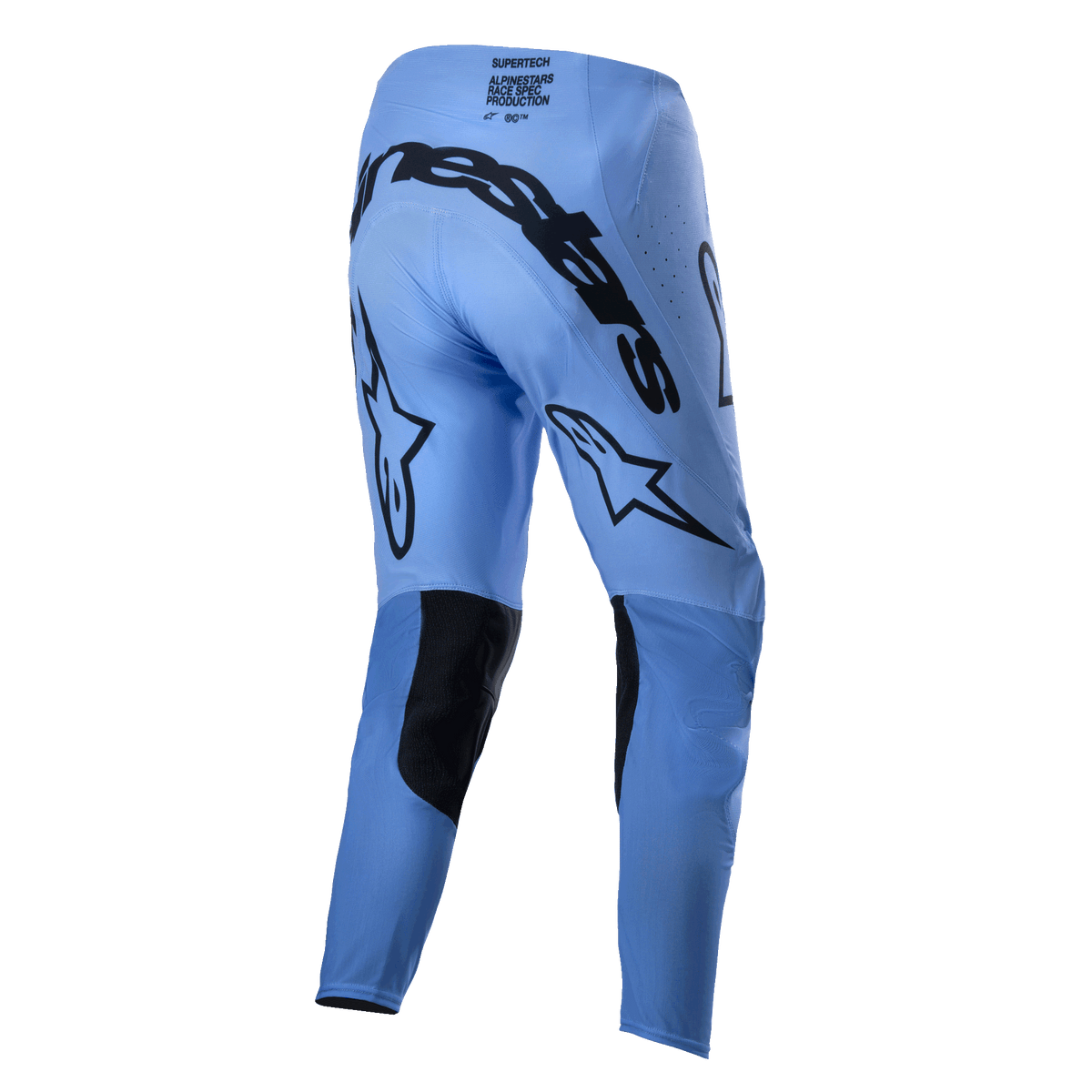 Alpinestars 2024 Supertech Dade Pants, Motocross Pants, Light Blue, rear view showing large black Alpinestars branding across the seat, star logos on the back of the legs, black reinforced inner knee panels, and perforated ventilation zones.