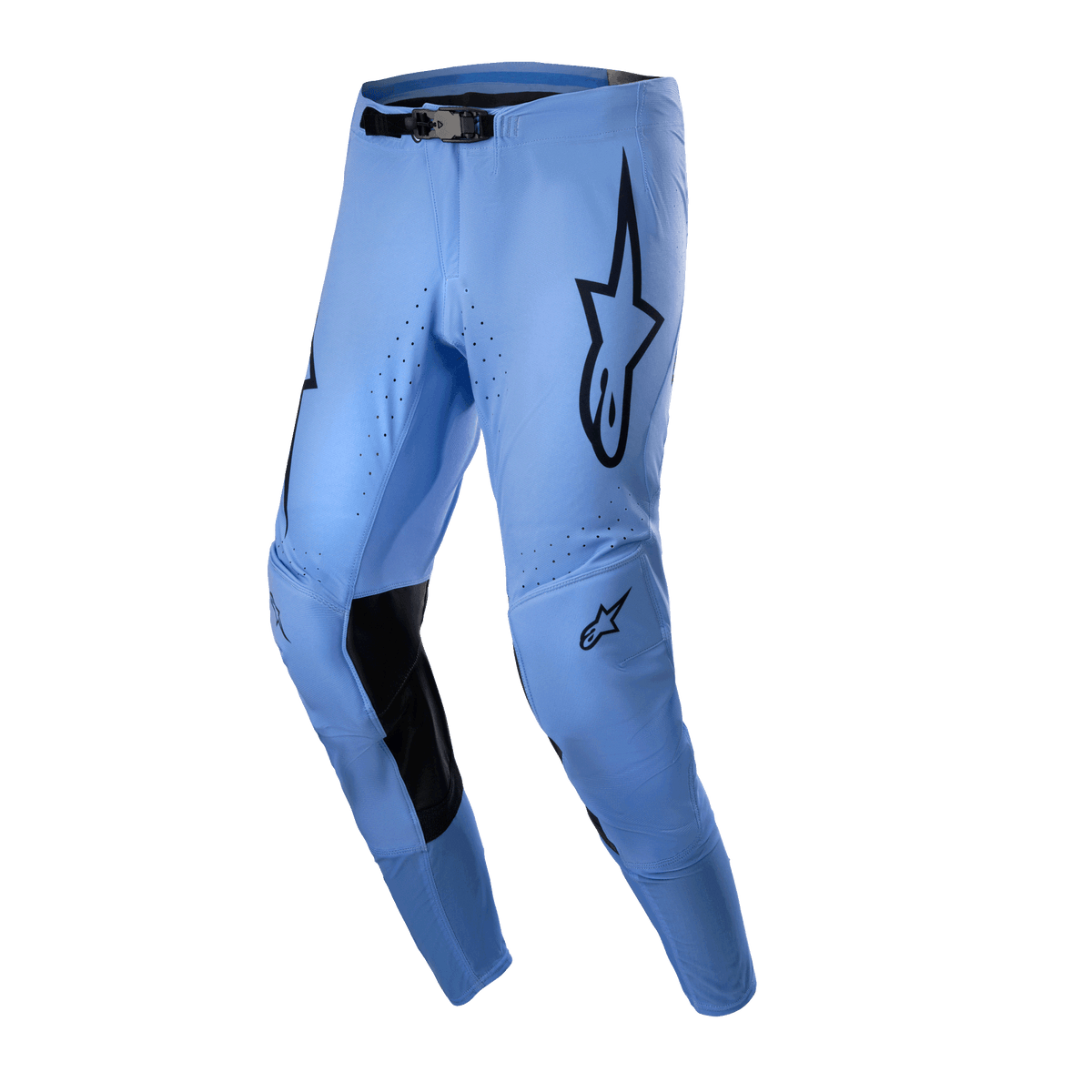 Alpinestars 2024 Supertech Dade Pants, Motocross Pants, Light Blue, featuring black star logos on the thighs, black inner knee reinforcements, perforated ventilation holes, and an athletic race fit design for off-road performance