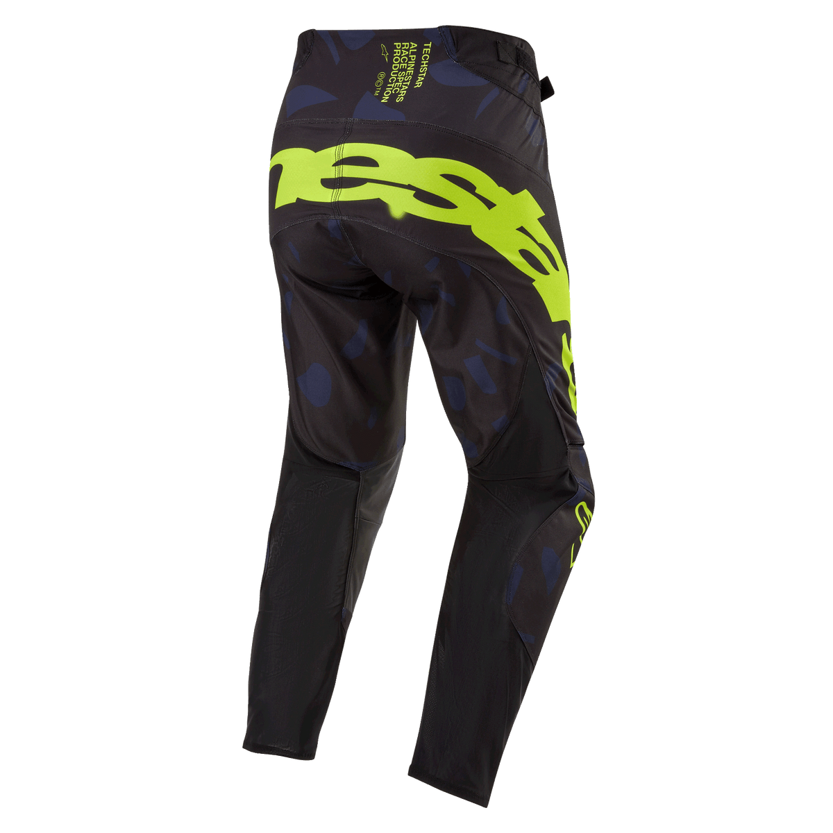 Alpinestars 2024 Techstar Rantera Pants, Motocross Pants, Black Navy and Yellow Fluo, rear view featuring bold yellow fluo branding on the seat, navy patterned panels, and technical black fabric for off-road racing performance
