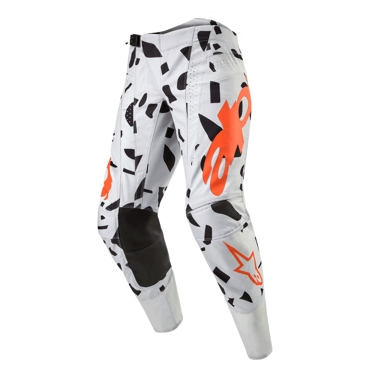 Alpinestars 2024 Techstar Rantera Pants, Motocross Pants, Haze Gray Camo, Light gray with black abstract shapes and orange logos, reinforced black knees, professional off-road racing gear