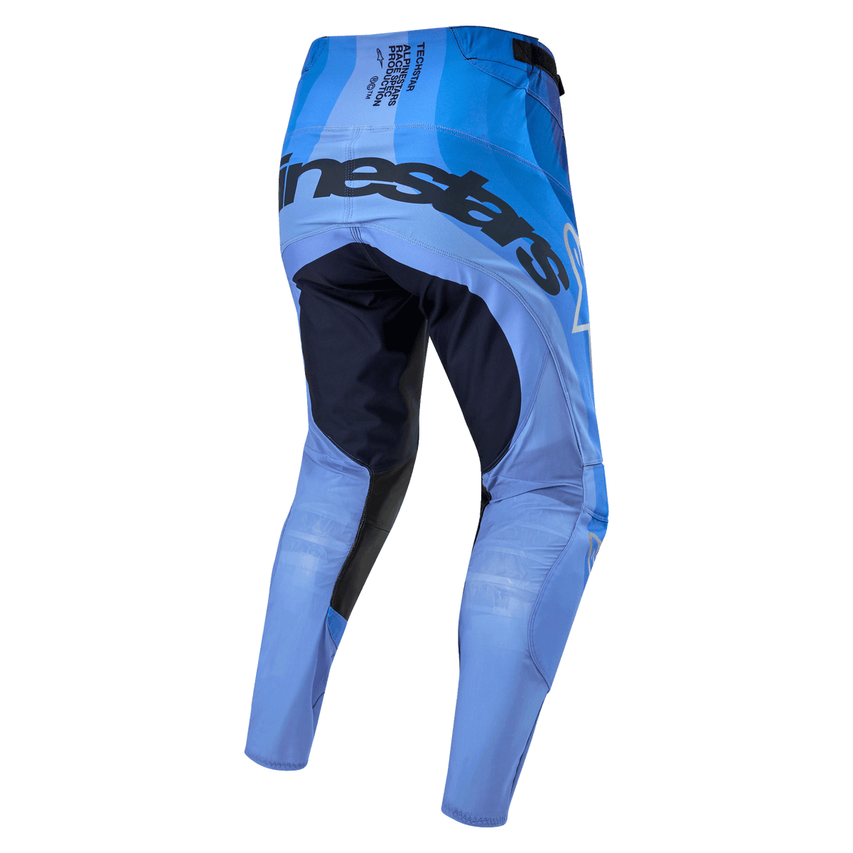 Alpinestars Techstar Pneuma Pants 2024, pantalones de motocross, azul marino y azul claro, vista trasera con logotipo llamativo en el asiento, paneles reforzados en el interior de los muslos y chasis ligero para rendimiento off-road