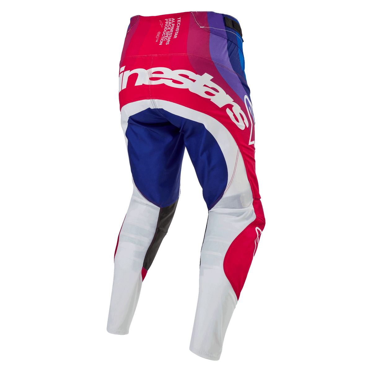 Alpinestars 2024 Techstar Pneuma Pants, Motocross Pants, Blu Mars Red White, Rear view featuring large white Alpinestars branding across the seat, blue and red panels with white lower legs, durable design for off-road competition