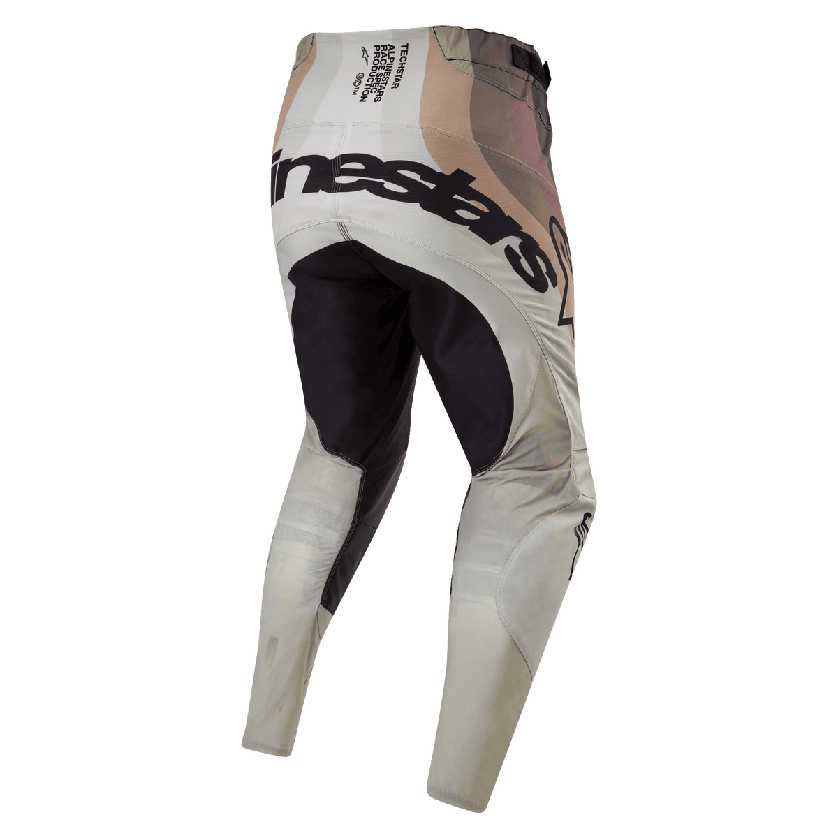 Pantalones Alpinestars Techstar Pneuma 2024, pantalones de motocross, color arena oscura y gris, vista trasera con panel de asiento reforzado negro y logotipo de Alpinestars destacado en la parte posterior, texto de especificaciones técnicas en la cintura, diseño de estilo camuflaje terroso, construcción textil duradera para carreras off-road