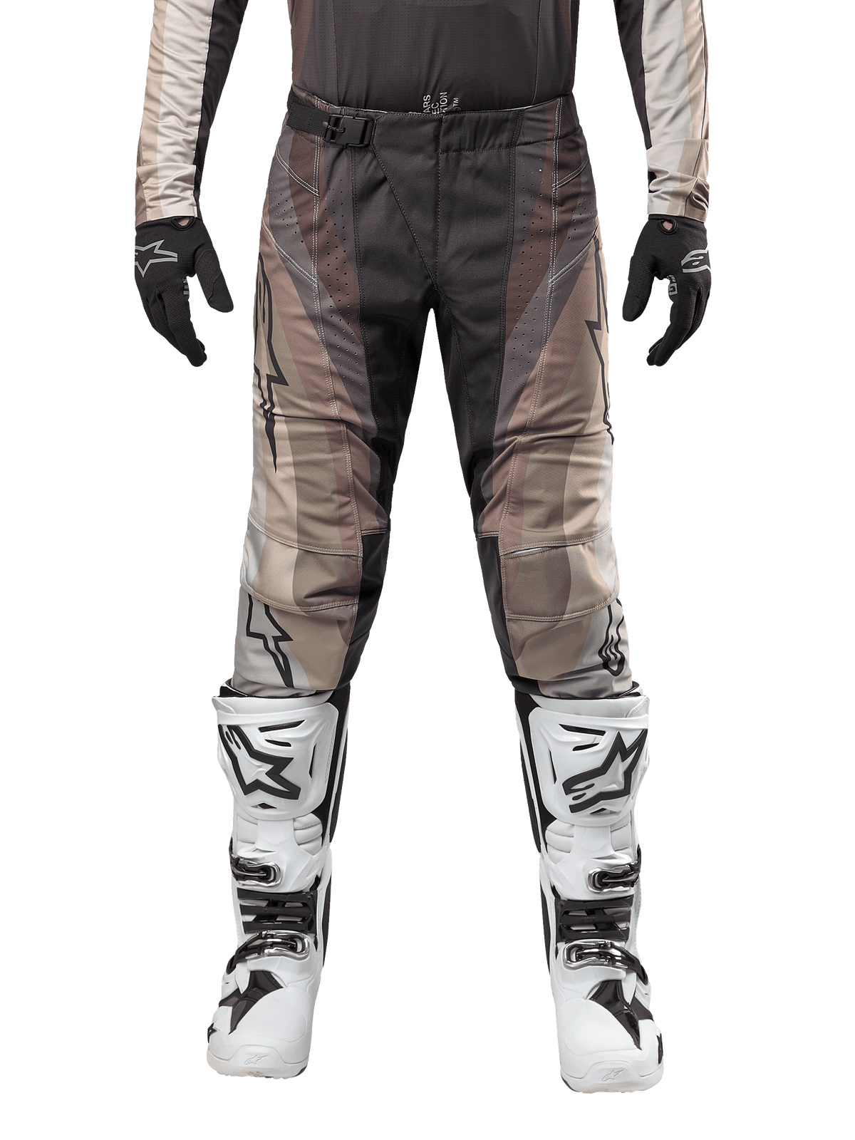 Alpinestars 2024 Techstar Pneuma Pants, pantalones de motocross, arena oscura y gris polvo de hierro, usados con jersey a juego, guantes negros y botas blancas y negras, con hebilla magnética SX2 y marca Astars, equipo de carreras todoterreno duradero
