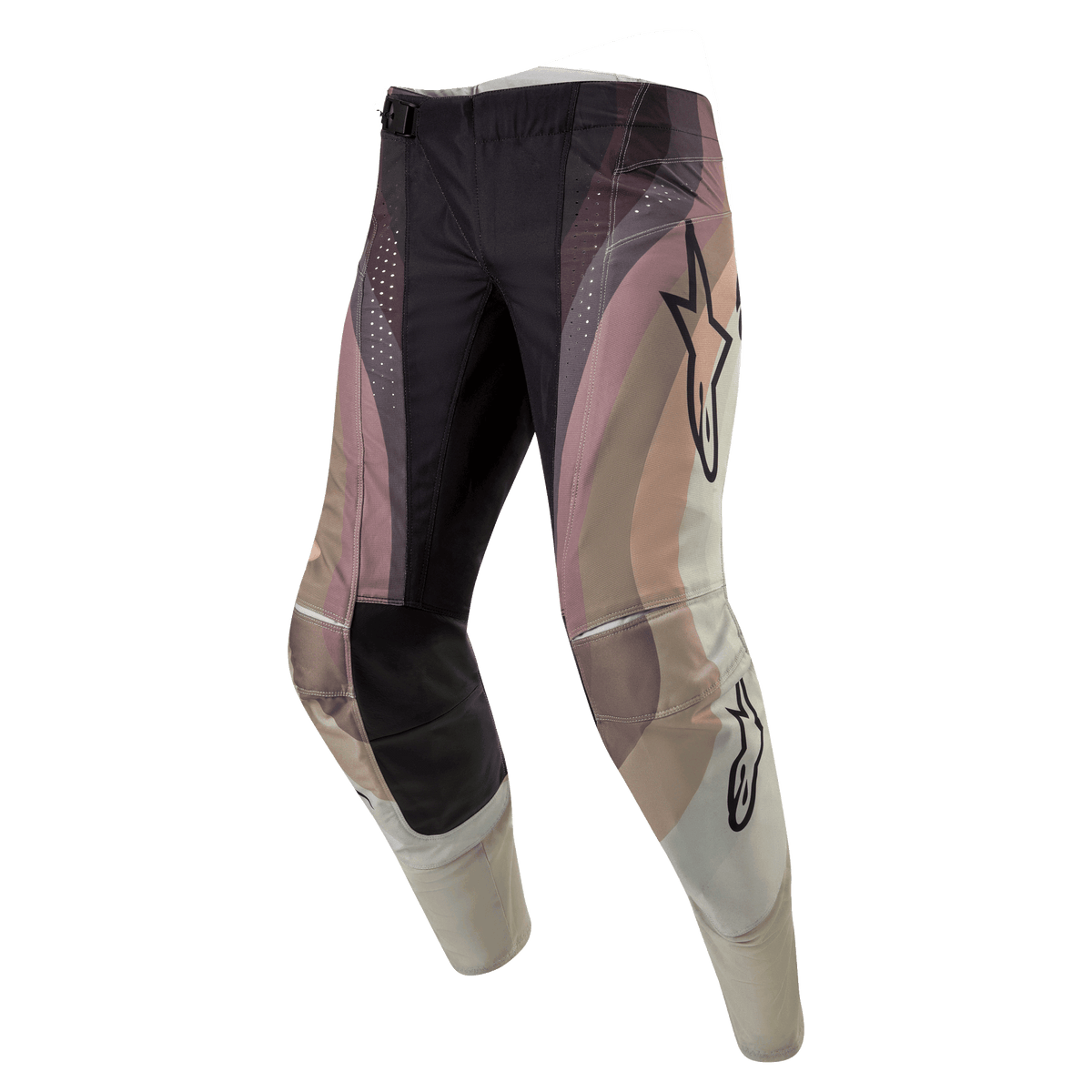 Pantalones Alpinestars Techstar Pneuma 2024, pantalones de motocross, colores Dark Sand, Iron Dust y gris, con un diseño de bloques de color ondulados con logotipos de estrellas Alpinestars, paneles de rodilla reforzados en negro y perforaciones cortadas con láser, equipamiento duradero para carreras off-road