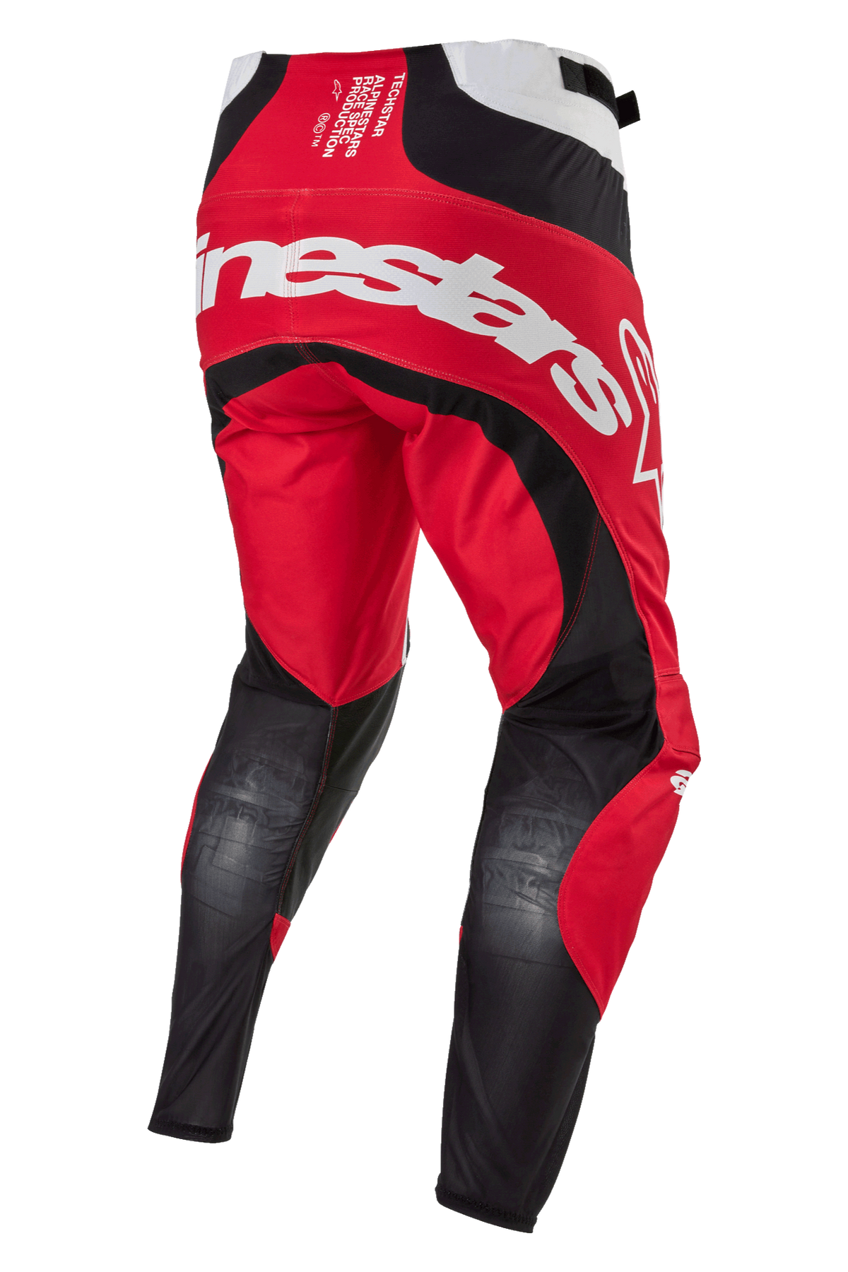 Alpinestars 2024 Techstar Ocuri Pants, Motocross Pants, Mars Red White and Black, back view showing large white Alpinestars branding across the seat, breathable black mesh panels on the back of the legs, and durable red textile construction for off-road racing.