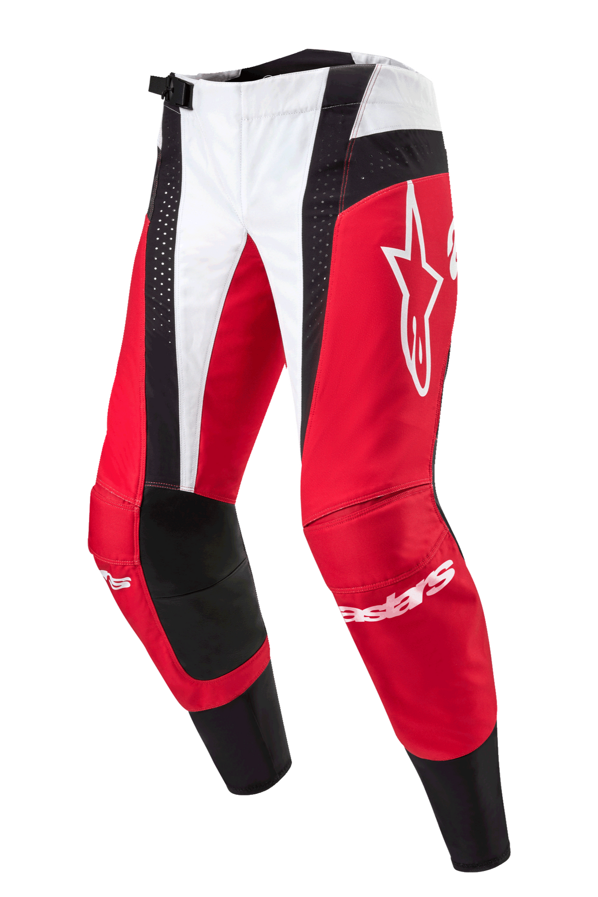 Alpinestars 2024 Techstar Ocuri Pants, Motocross Pants, Mars Red White and Black, featuring red and white panels with black perforated accents, large white Astar logo on the thigh, Alpinestars branding on shins, durable design for off-road racing