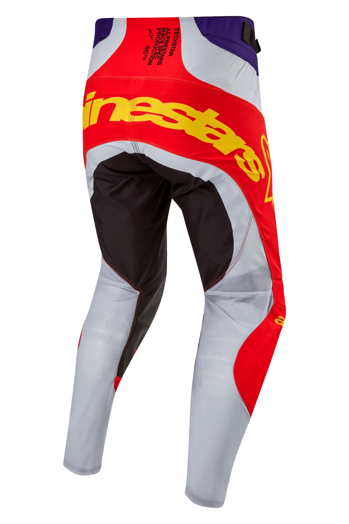 Pantalones Alpinestars 2024 Techstar Ocuri, pantalones de motocross, naranja intenso, púrpura y negro, vista trasera con marca amarilla llamativa en el asiento, paneles reforzados negros y perneras ventiladas gris claro