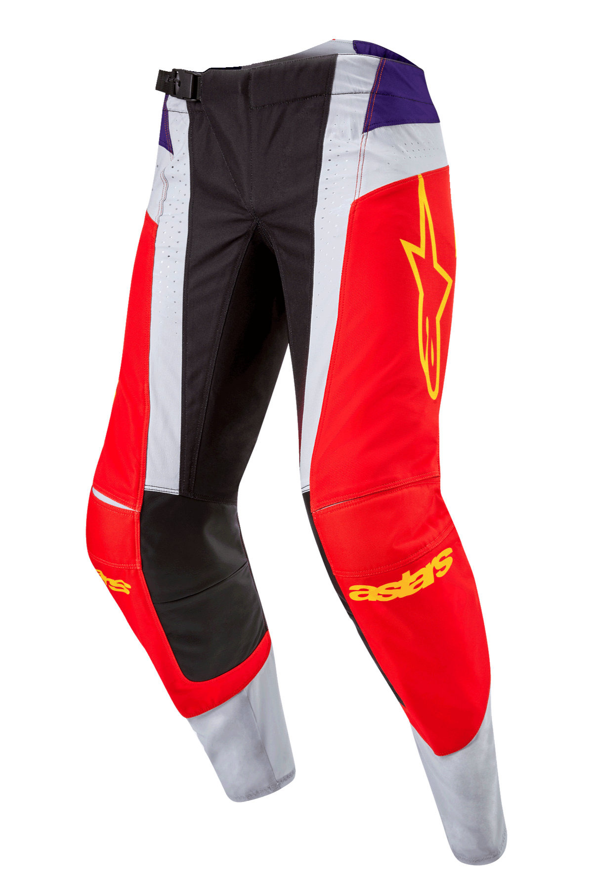 Alpinestars 2024 Techstar Ocuri Pants, pantalones de motocross, color naranja intenso, morado y negro, con paneles rojos y blancos, detalles morados en la cadera, logotipo de estrella amarilla en el muslo, rodillas reforzadas en negro y diseño atlético para carreras off-road