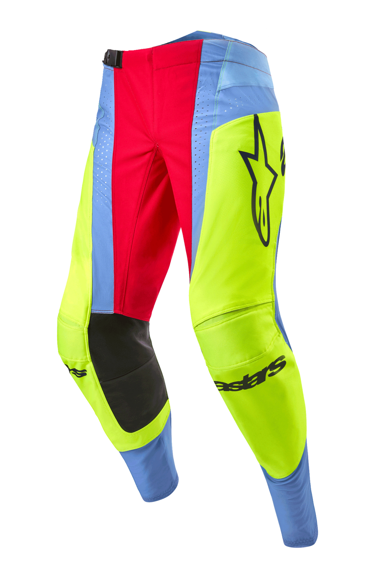 Alpinestars 2024 Techstar Ocuri Pants, Motocross Pants, Light Blue, Yellow Fluo, and Red Berry, featuring black inner knee panels, bold Alpinestars logo, and vibrant multi-colored panels for off-road racing.