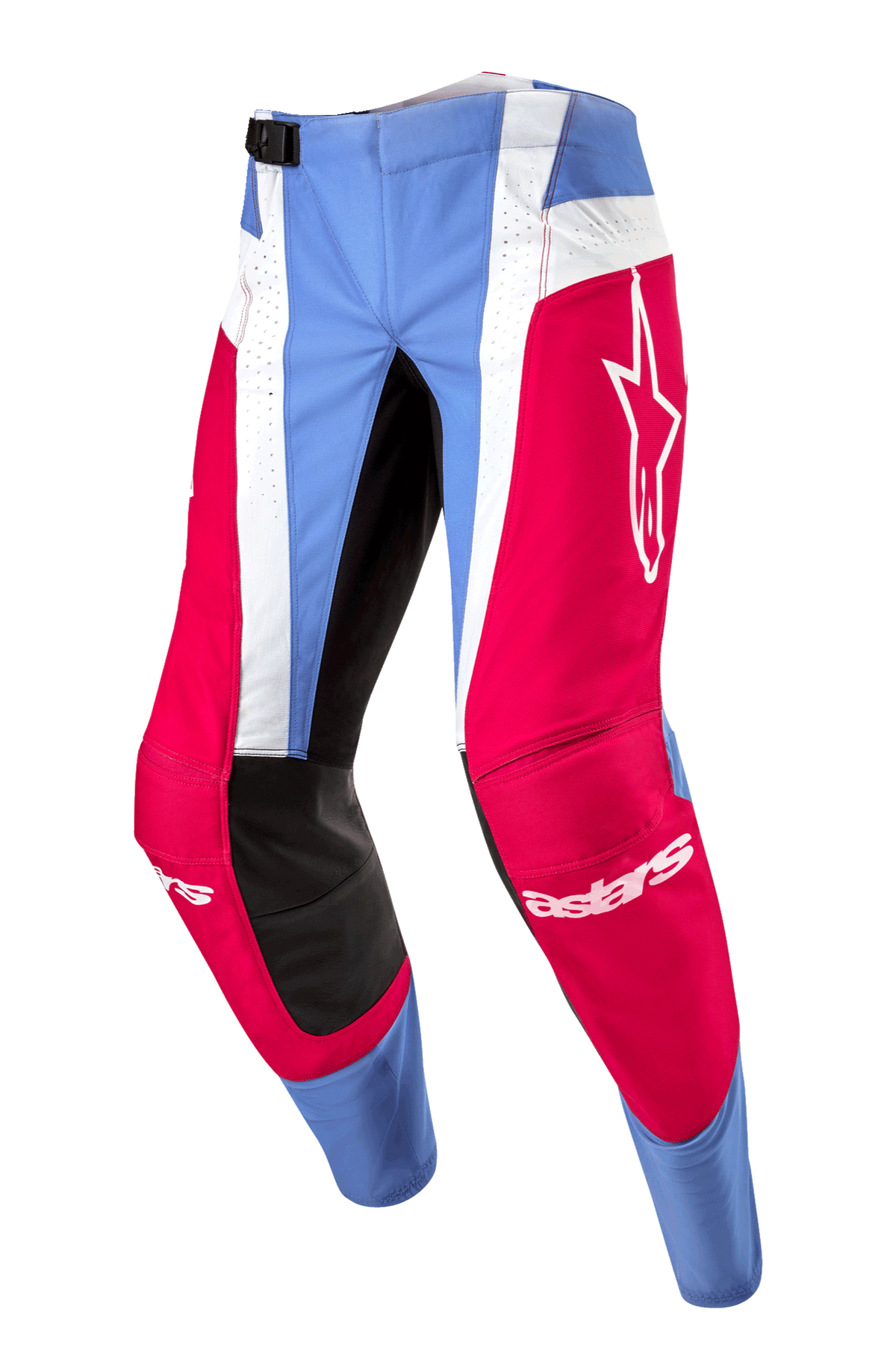 Alpinestars 2024 Techstar Ocuri Pants, Motocross Pants, Light Blue Mars Red and White, featuring vibrant red panels with a white star logo, black inner knee reinforcements, and white perforated vertical stripes for airflow.