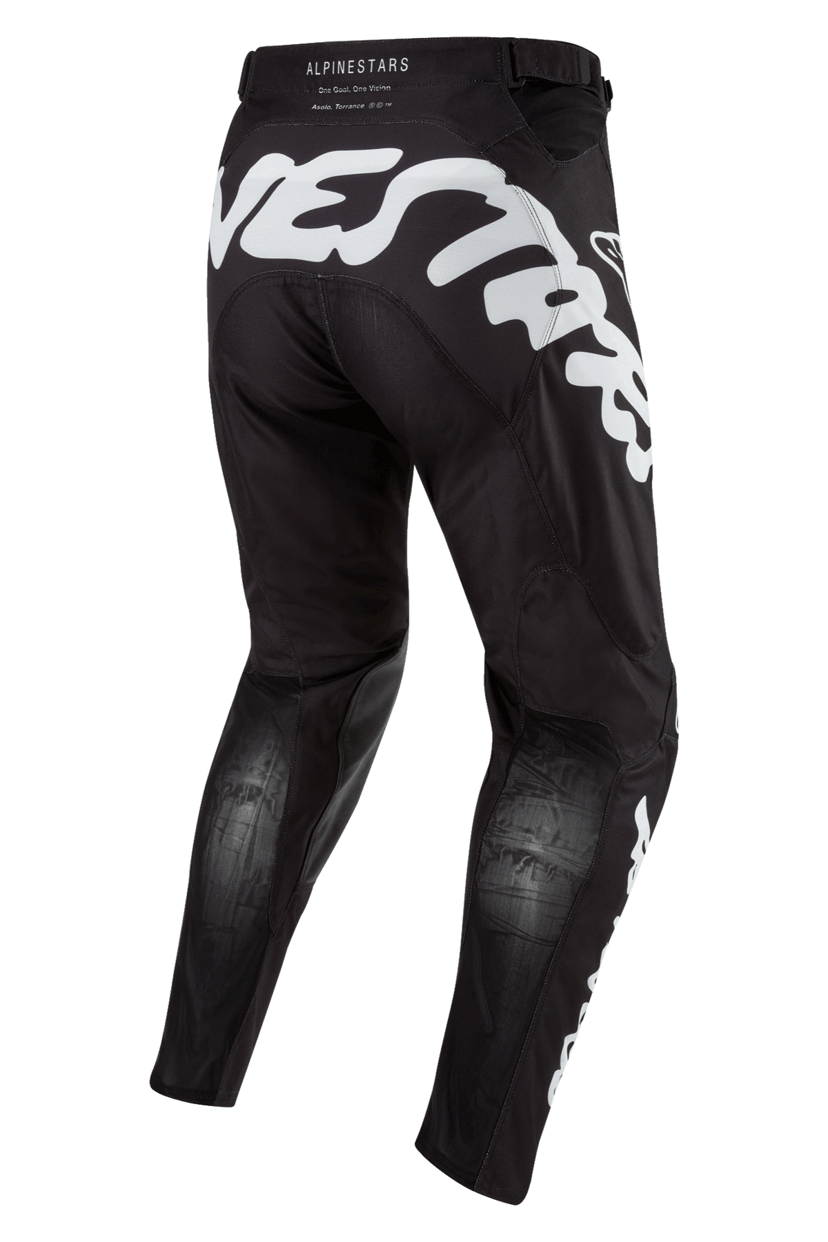 Alpinestars 2024 Racer Hana Pants, pantalones de motocross negros con grandes gráficos blancos en la parte trasera, diseño ergonómico con paneles elásticos y materiales técnicos para conducción fuera de carretera