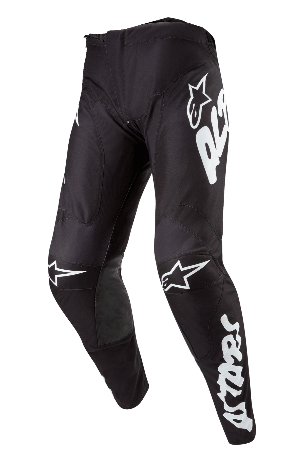 Alpinestars 2024 Racer Hana Pants, pantalones de motocross negros con gráficos y logotipos blancos, diseño ergonómico precurvado con paneles elásticos, material duradero para alto rendimiento en conducción fuera de carretera.