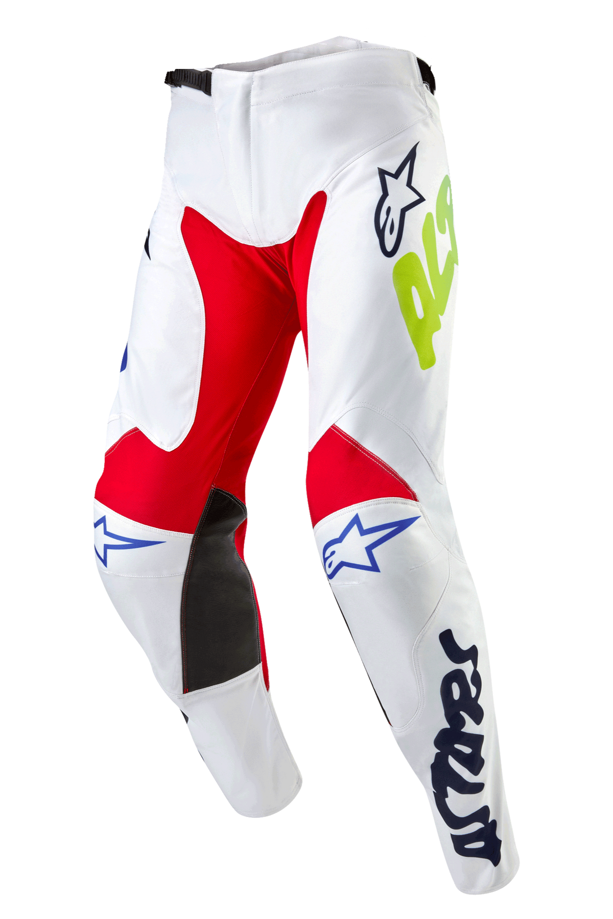 Alpinestars Racer Hana Pants 2024, pantalones de motocross, blanco multicolor con paneles interiores de las rodillas en rojo y negro, logotipos Astars en azul y detalles en amarillo neón, diseño precurvado con cierre de trinquete en la cintura, equipamiento textil duradero para carreras todoterreno.