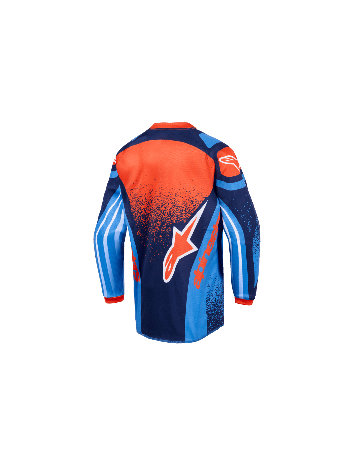 Alpinestars 2026 Kids Racer Nomur Jersey, Motocross Jersey, Dark Navy, Orange, and UCLA Blue, back view, featuring large Alpinestars branding, an extended rear hem, and vibrant graphic sleeves for youth off-road performance.