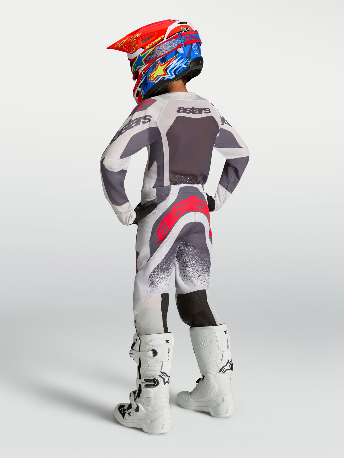Alpinestars Pantalones Supertech Swan Juveniles, equipo de motocross, vista trasera, gris y rojo, ajuste atlético duradero