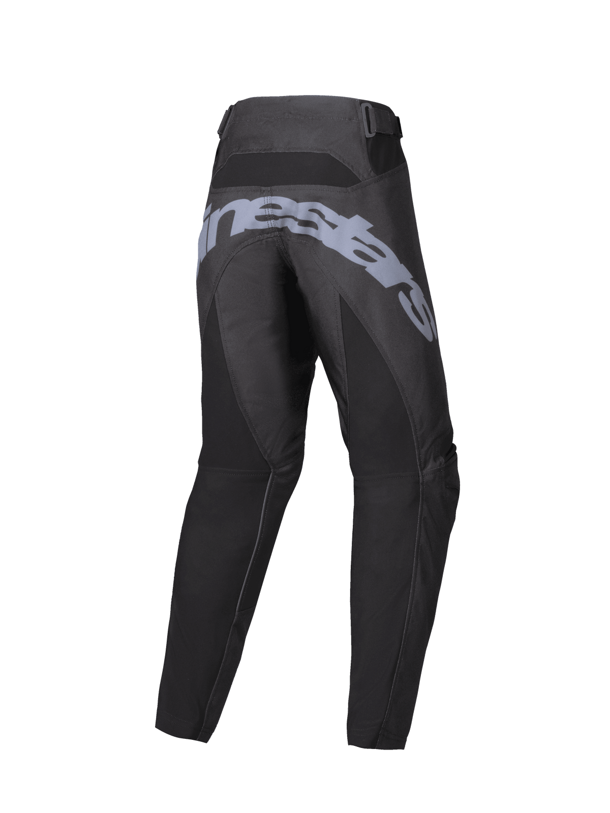 Alpinestars 2025 Youth Racer Graphite Pants, pantalones de motocross para jóvenes, negro y gris, vista posterior con gran marca gris en el asiento, construcción ergonómica precurvada y correas de ajuste en la cintura para conducción todoterreno