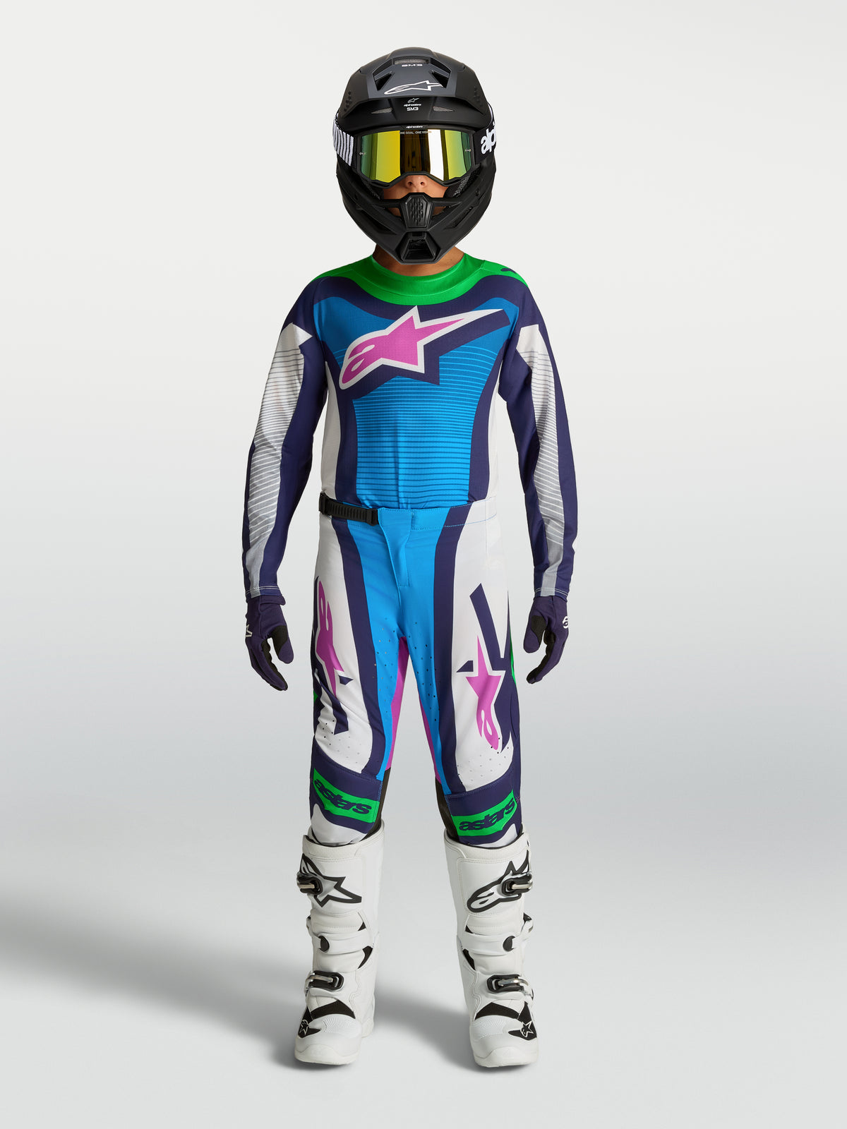 Alpinestars Supertech Maven, pantalones y jersey de motocross juvenil, azul y blanco con verde flúor, ajuste atlético