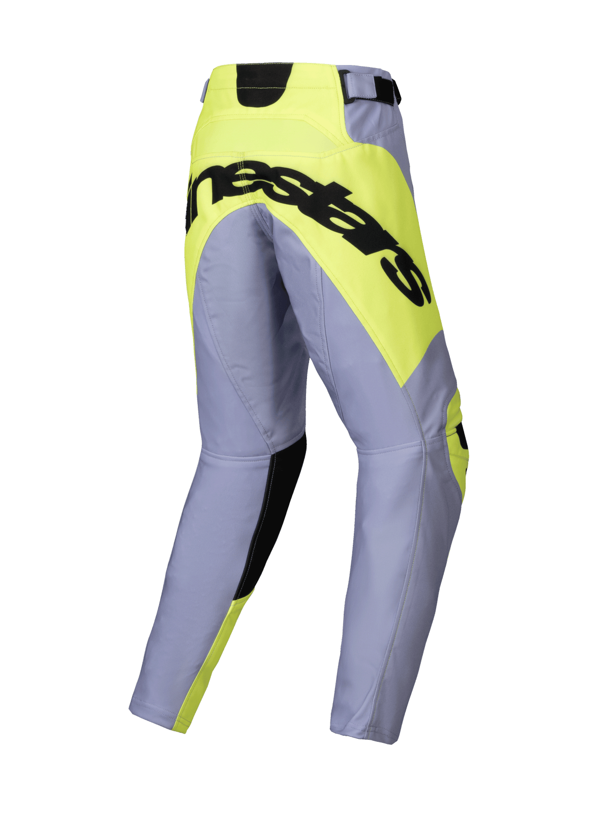 Alpinestars 2025 Youth Racer Veil Pants, Motocross Pants, Gray and Yellow Fluo, Rear view featuring bold black Alpinestars logo on a neon yellow seat panel, pre-curved leg construction for off-road racing.