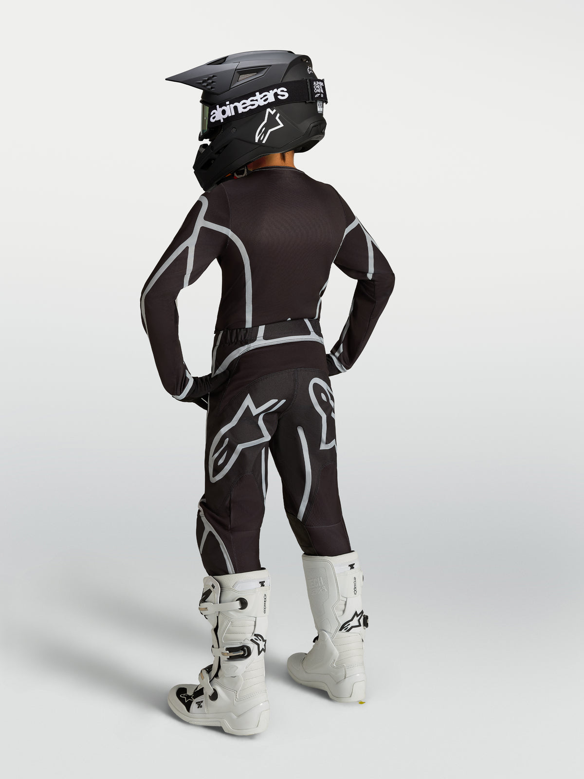 Pantalones Alpinestars Fluid Apex V2 Juvenil, pantalones de motocross negros y plateados, vista trasera en kit de carreras.