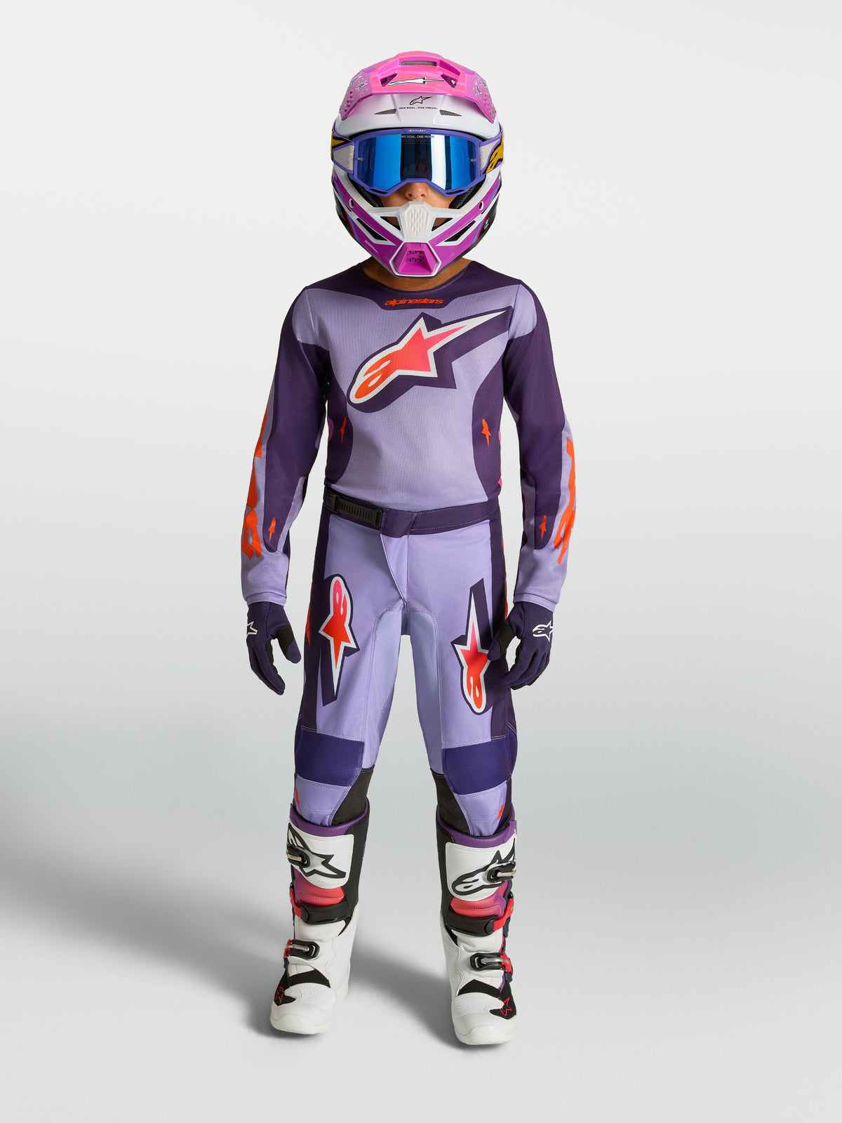 Alpinestars Youth Fluid Hunt Pants, purple and pink fluo motocross gear, durable textile construction for young riders.