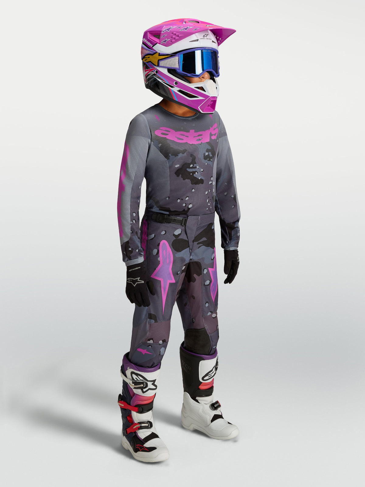 Alpinestars 2027 Youth Fluid Lone Jersey, Motocross Racing, Youth, Gray Camo and Purple, ergonomic moisture-wicking fabric.