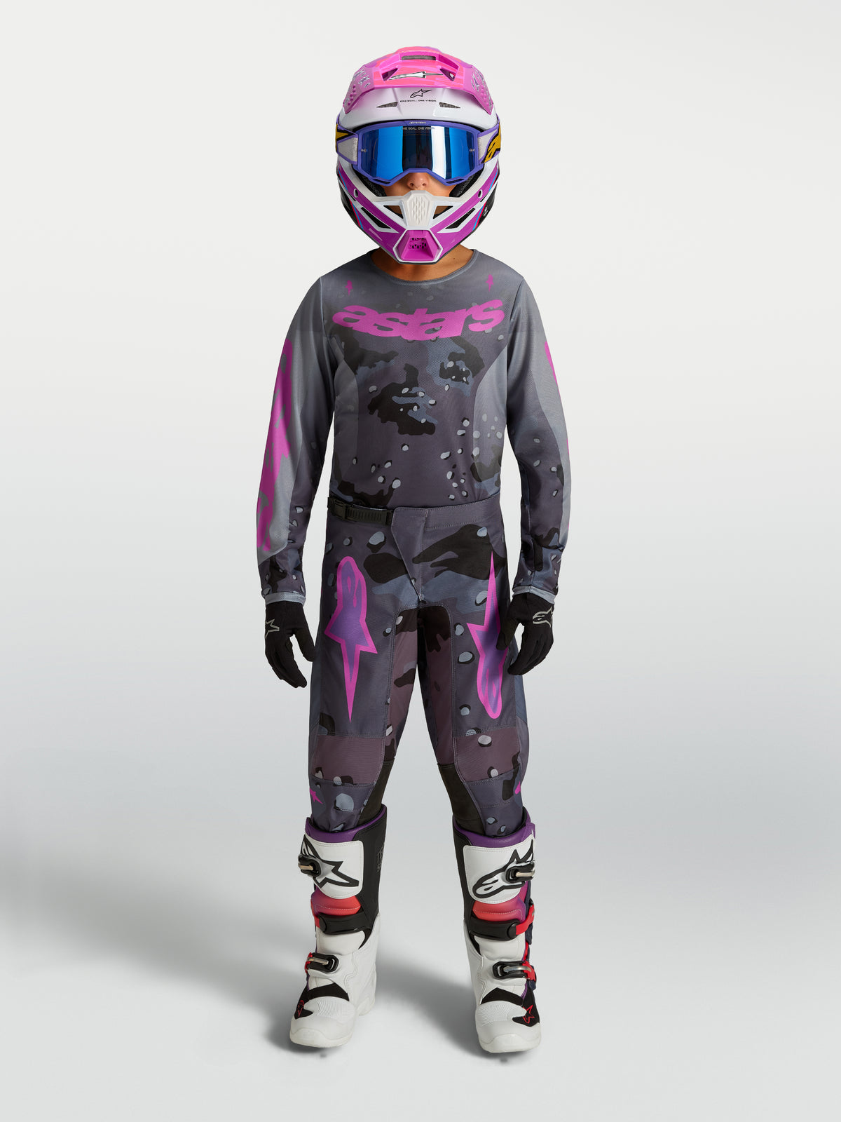 Alpinestars 2027 Youth Fluid Lone Gear Set, youth motocross racing outfit in gray and pink camo with jersey, pants, and helmet.