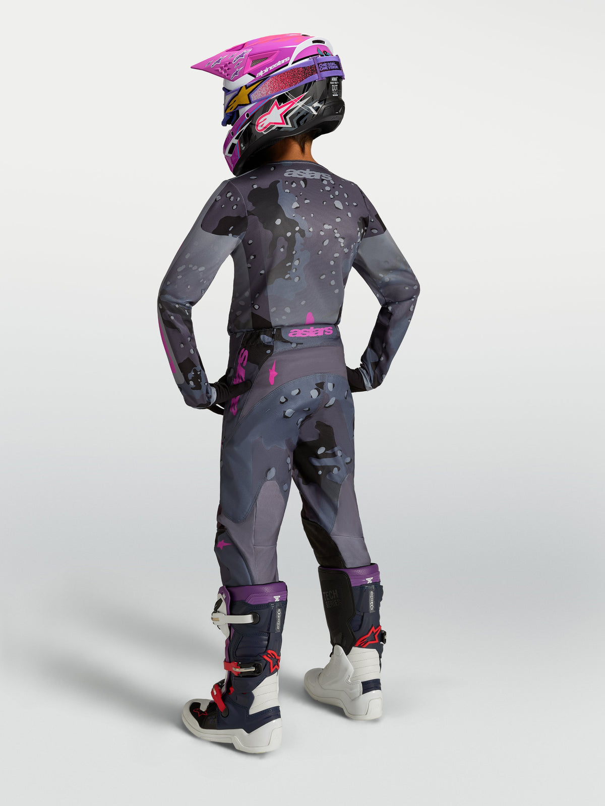 Alpinestars Youth Fluid Lone Jersey, Motocross Racing Apparel, Gray Camo and Purple, Rear View on Young Rider.