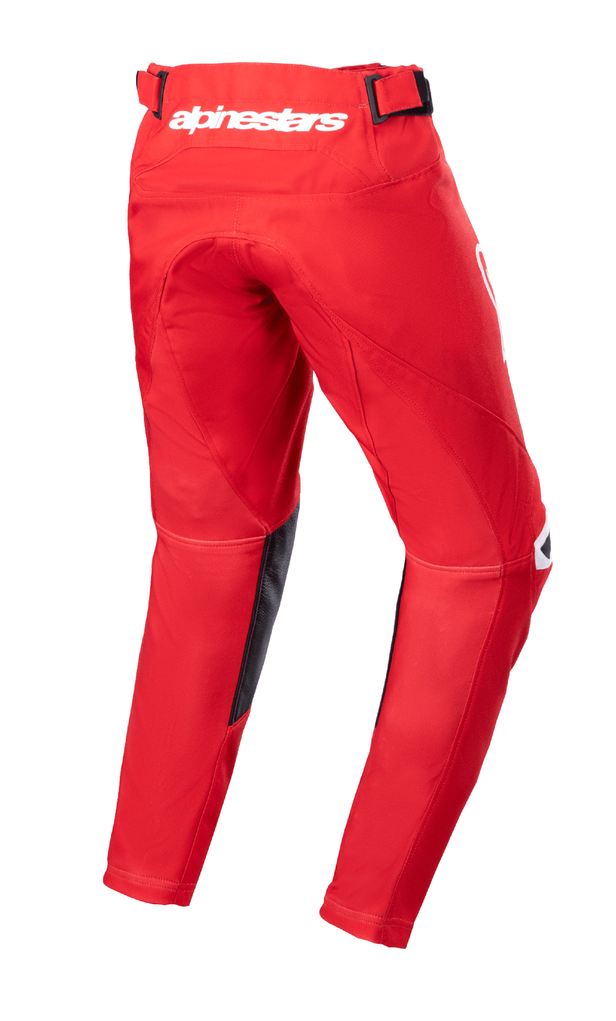 Alpinestars 2023 Youth Racer Narin Pants, pantalones de motocross juveniles, rojo Marte y blanco, vista trasera que muestra la marca Alpinestars en blanco en la cintura, paneles interiores de cuero negro en las piernas y diseño ergonómico precurvado para conducción fuera de carretera