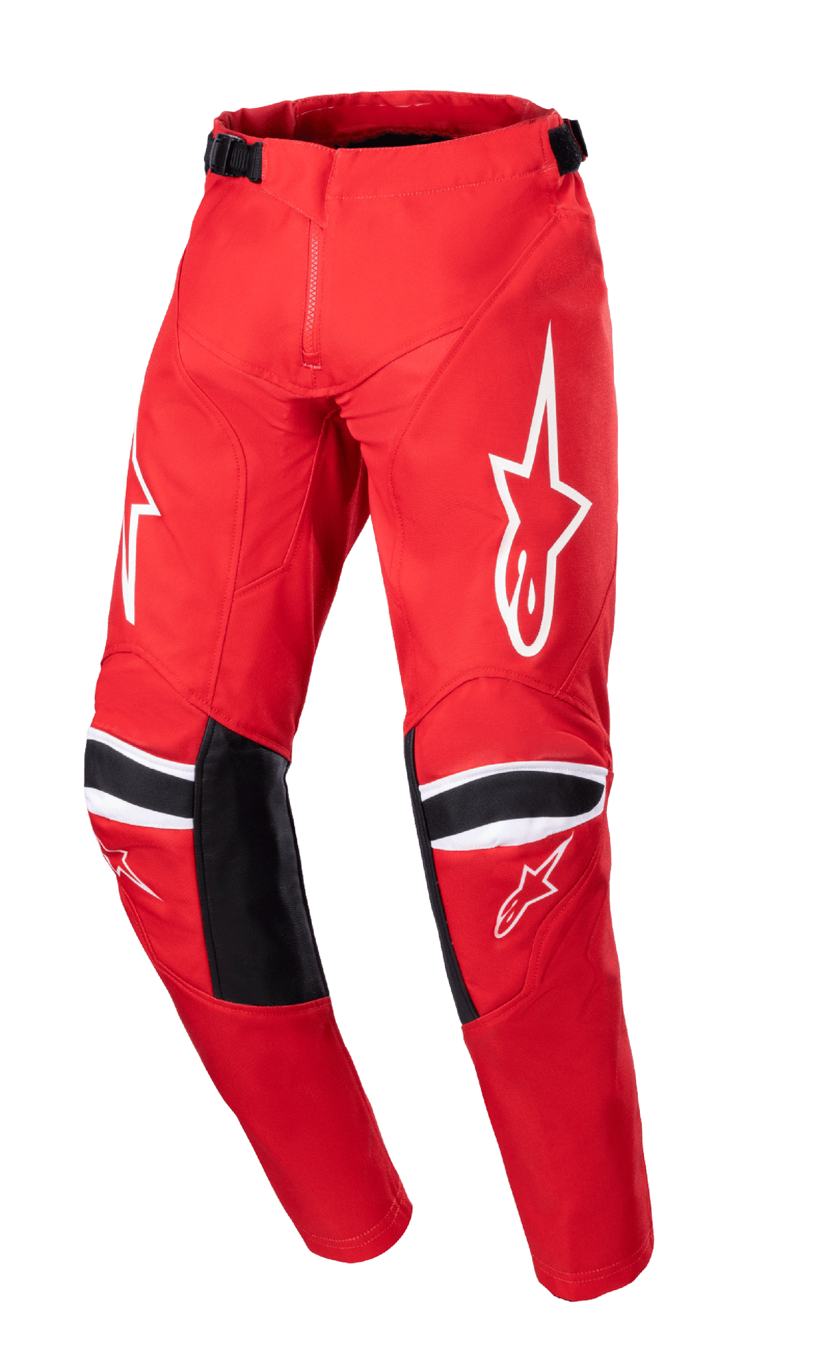 Alpinestars Youth Racer Narin 2023, pantalones de motocross juveniles, rojo Marte y blanco, con logotipos de estrellas blancas en los muslos, paneles de refuerzo negros en las rodillas con rayas blancas, correas de ajuste en la cintura y diseño duradero para carreras fuera de carretera