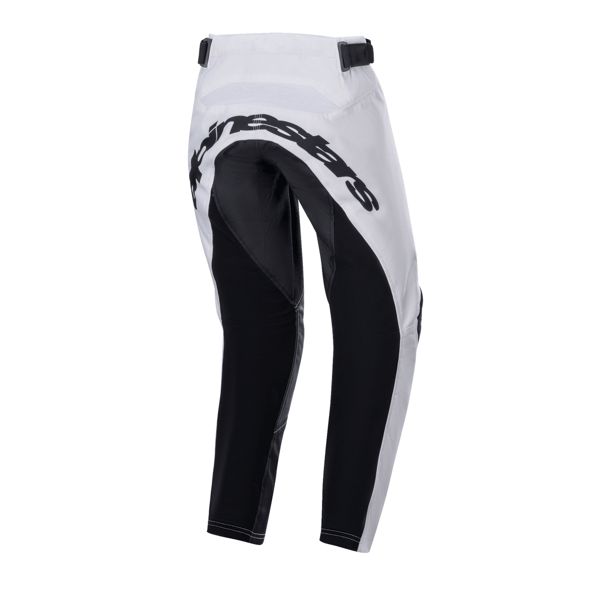 Alpinestars 2024 Youth Racer Lucent Pants, pantalones de motocross, blancos y negros, vista trasera que muestra grandes paneles negros reforzados en el asiento y la parte interna de las piernas, logotipo de Alpinestars en la parte trasera y correas de cintura ajustables para conducción todoterreno.