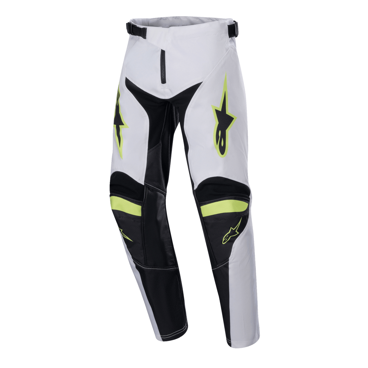 Alpinestars Youth 2024 Racer Lucent Pants, pantalones de motocross juveniles, blanco, negro y amarillo flúor, logos de estrella en los muslos, paneles negros en el interior de las piernas y rodillas, diseño deportivo precurvado para un alto rendimiento en motocross
