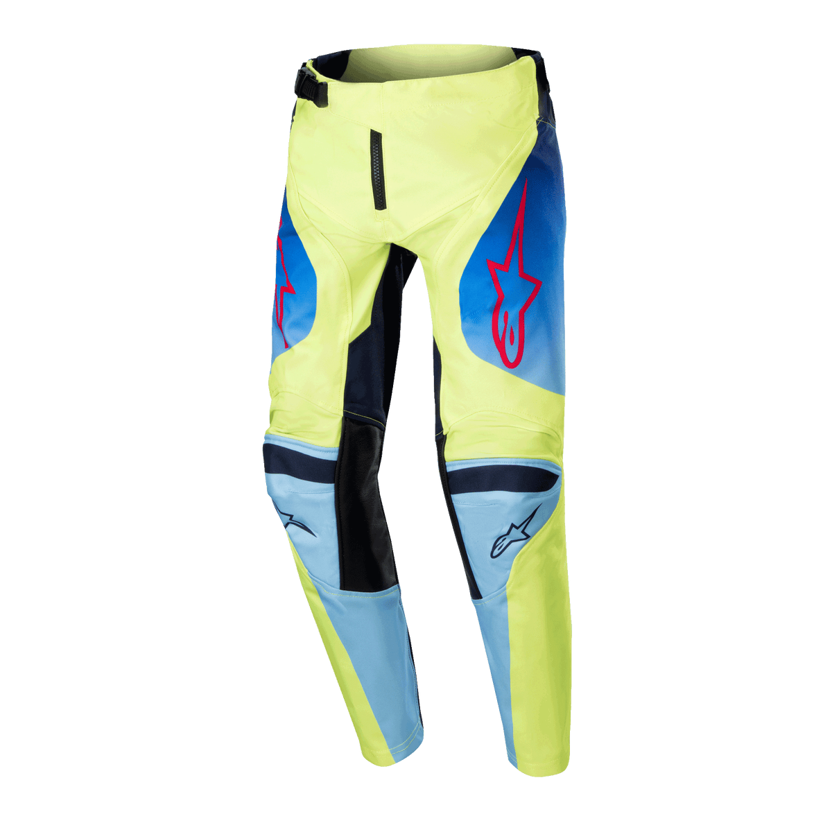 Alpinestars 2024 Youth Racer Hoen Pants, pantalones de motocross juveniles, amarillo flúor y azul noche, con logos de estrella Alpinestars en rojo, paneles azul marino y rodillas reforzadas en negro, diseño deportivo para carreras todoterreno