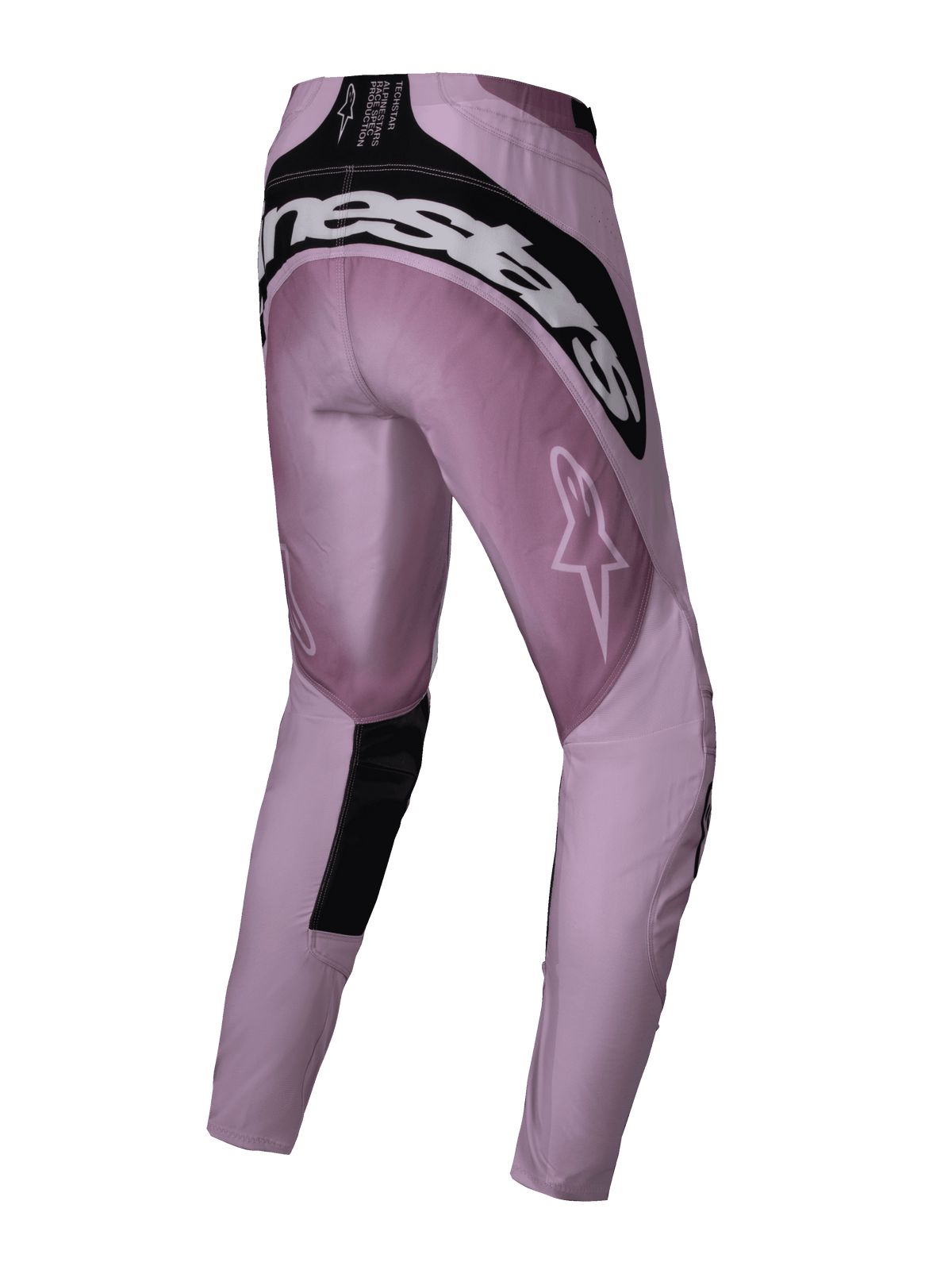 Alpinestars Stella Techstar Melt 2025, pantalones de motocross para mujer, color rosa y negro, vista trasera que muestra el logotipo de Alpinestars en blanco a lo largo del asiento, paneles negros reforzados y un logotipo de estrella en el muslo, diseñados para el rendimiento todoterreno