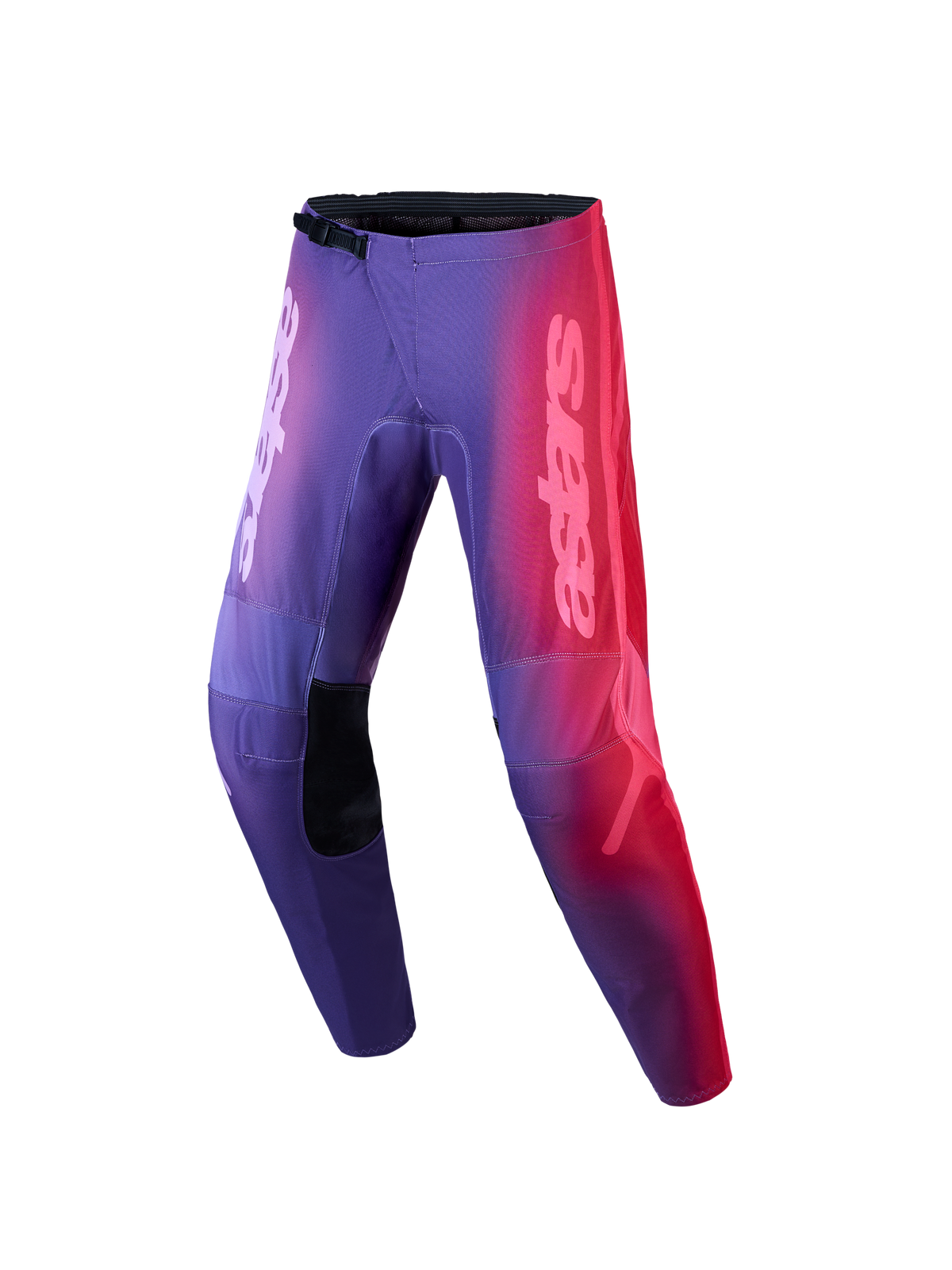 Alpinestars Stella Fluid Kepler, pantalones de motocross para mujer, morados y rojos, con piernas precurvadas.