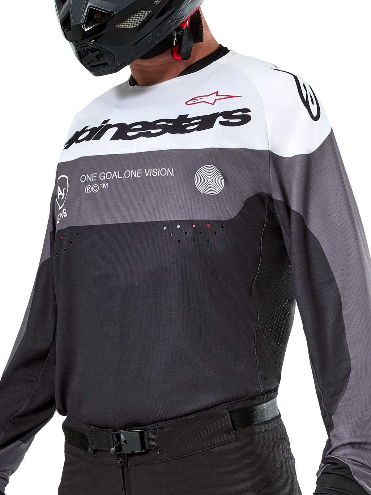 Alpinestars Pro-Dura Jersey, Motocross and Enduro Jersey, Black Magnet White, technical off-road apparel with laser-cut perforations and breathable poly-fabric construction.
