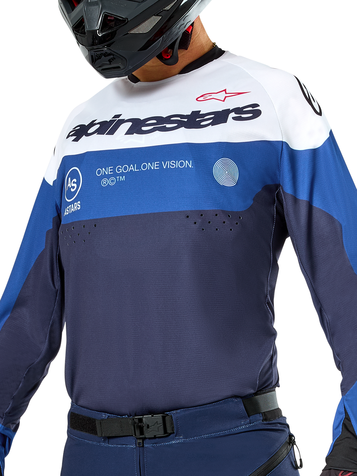 Alpinestars Jersey Pro-Dura, jersey de enduro y motocross, azul marino, azul brillante y blanco, ajuste atlético con logotipos llamativos, construcción textil duradera para rendimiento off-road